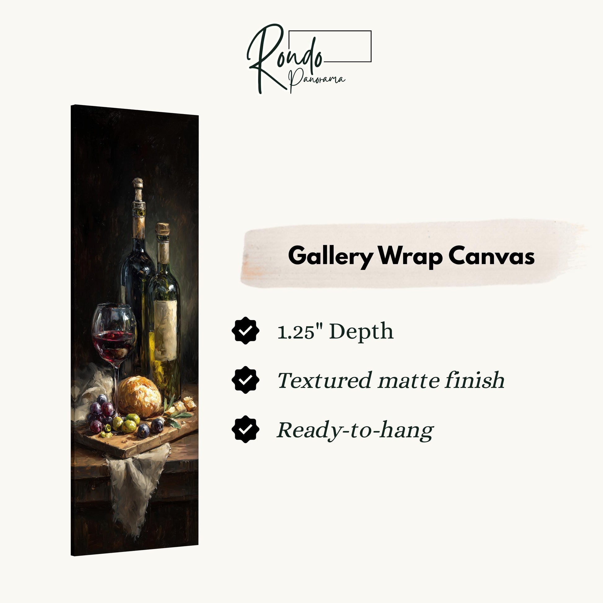 The image is a gallery wrap canvas featuring a still life of wine bottles, a wine glass, and various fruits on a wooden surface.