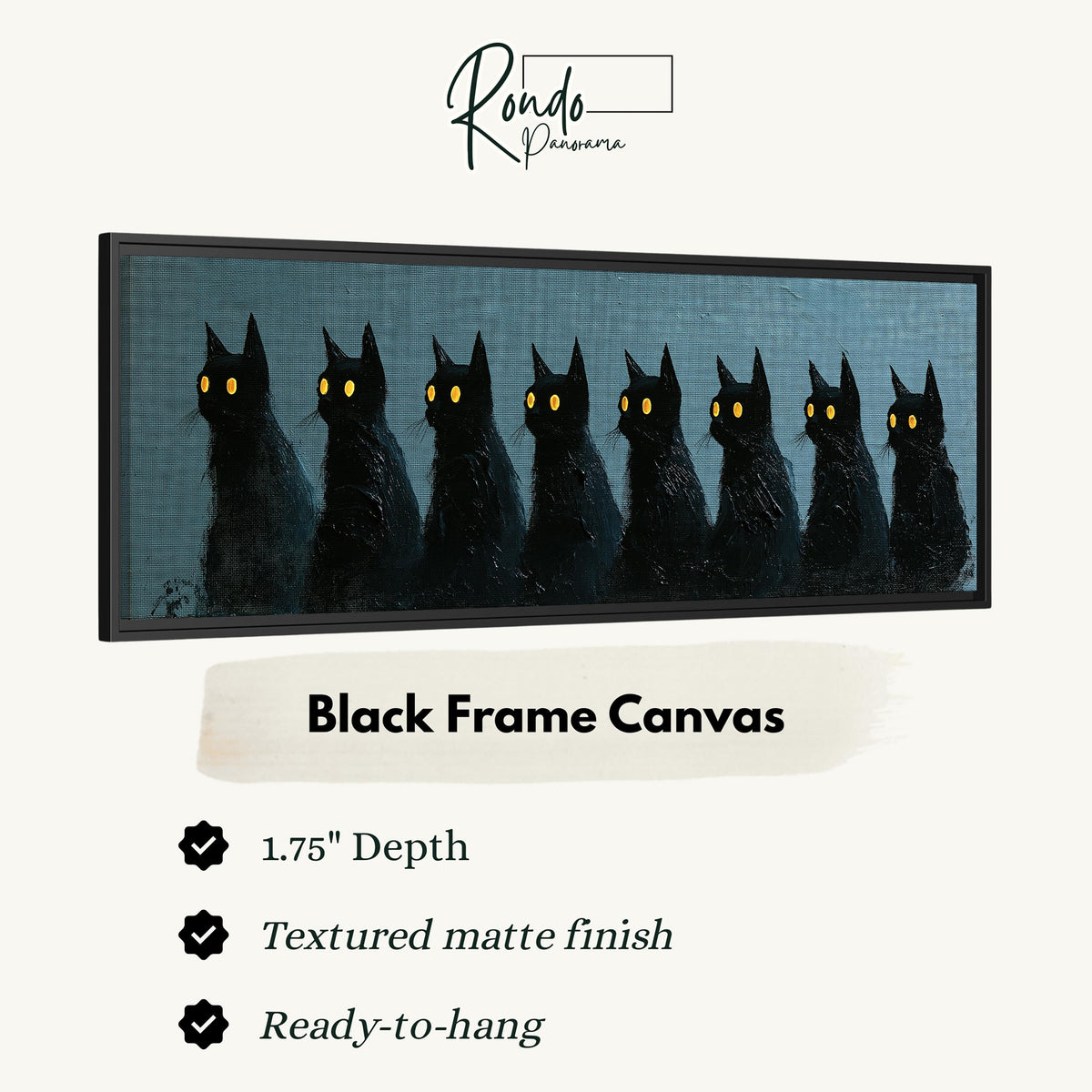 Row of black cats with glowing eyes canvas print in a black floating frame