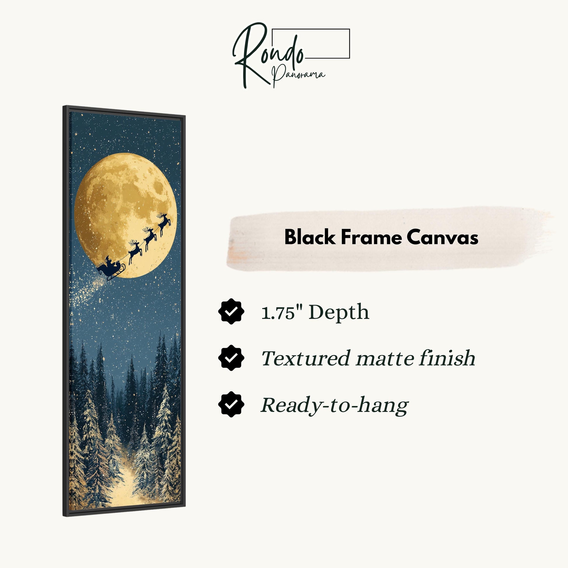 The image is a black frame canvas depicting a snowy forest scene with a full moon and a sleigh in the sky.