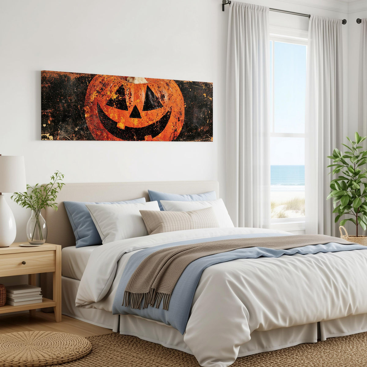Rustic distressed jack-o'-lantern panoramic canvas print above a bed in a coastal bedroom