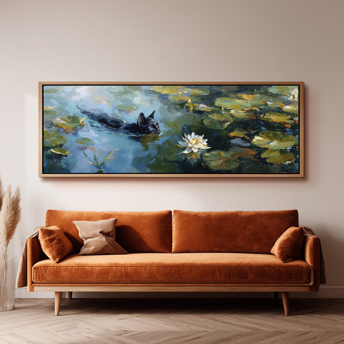 a dining room with a large painting of a cat swimming in a pond above a wooden table with four chairs. The painting is framed and hangs on the wall above the table.