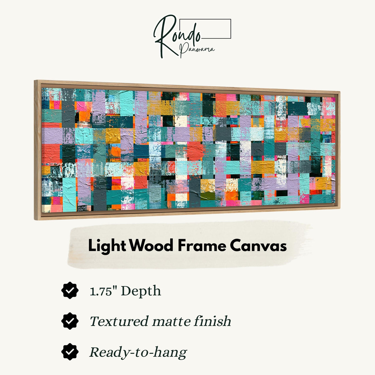 Woven grid of teal and pink blocks canvas print in a light wood floating frame