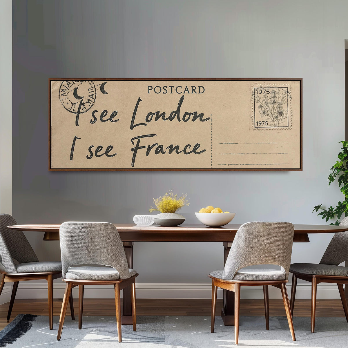 Postcard saying I see London, I see France long horizontal canvas print above a dining table