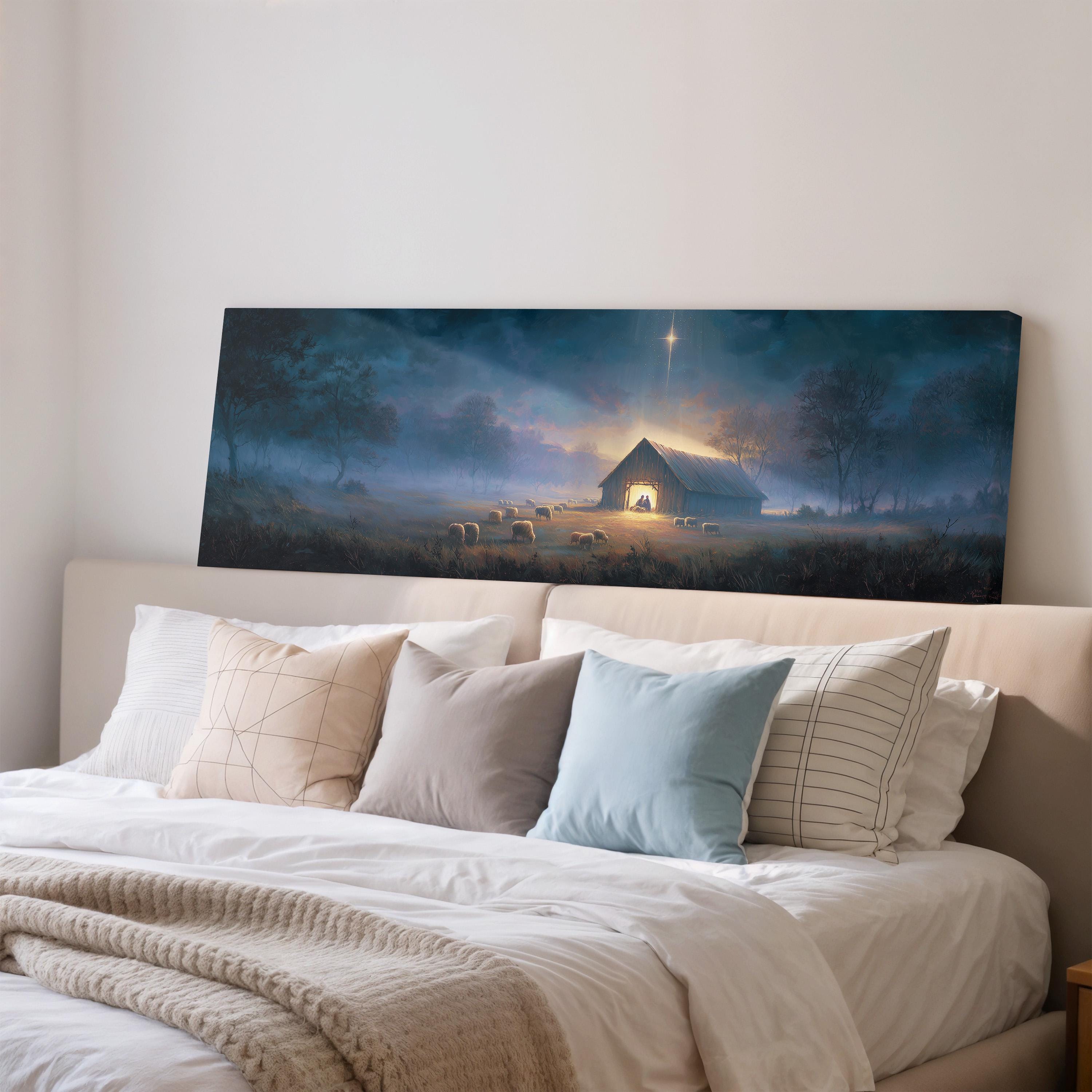 a serene bedroom scene with a large painting of a barn and a star above the bed, creating a peaceful and cozy atmosphere.