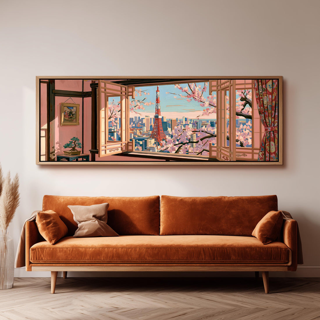 Tokyo skyline and blossoms through a coral room window long horizontal canvas print above a sofa in a living room