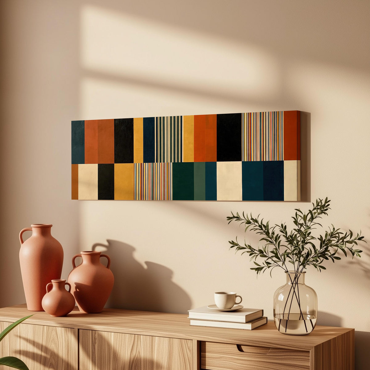 Autumn and teal stripe color blocks long horizontal canvas print above a wooden sideboard