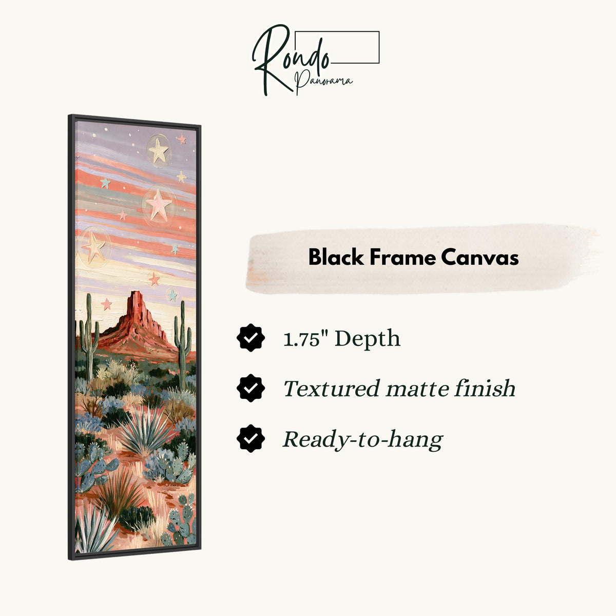 Red butte and cacti under a pastel starry sky canvas print in a black floating frame