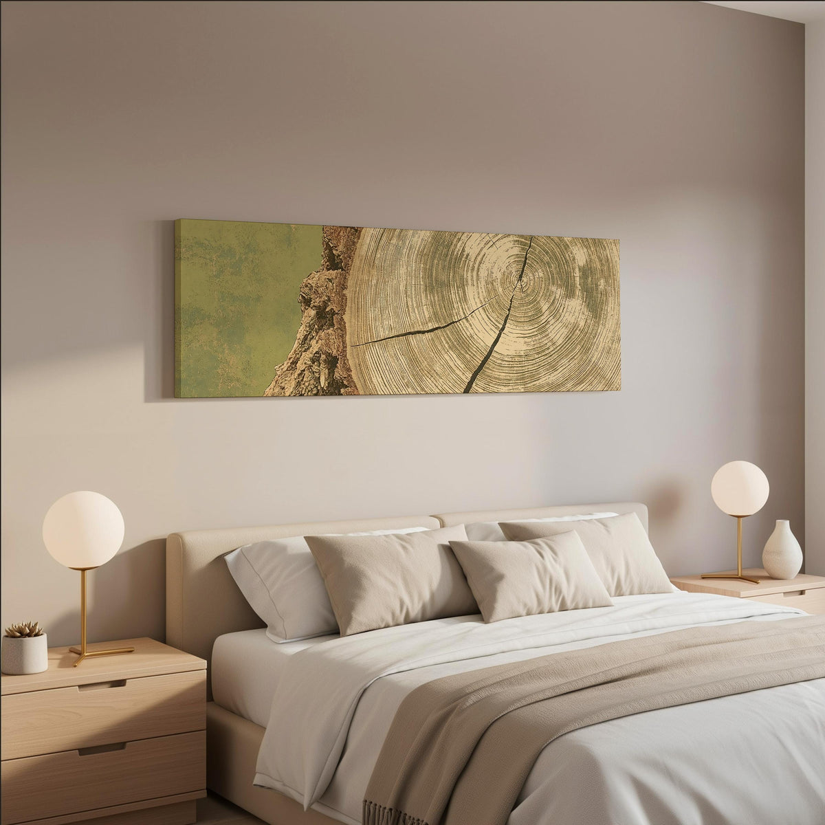Golden tree ring wood grain wide panoramic canvas print above a bed in a neutral bedroom