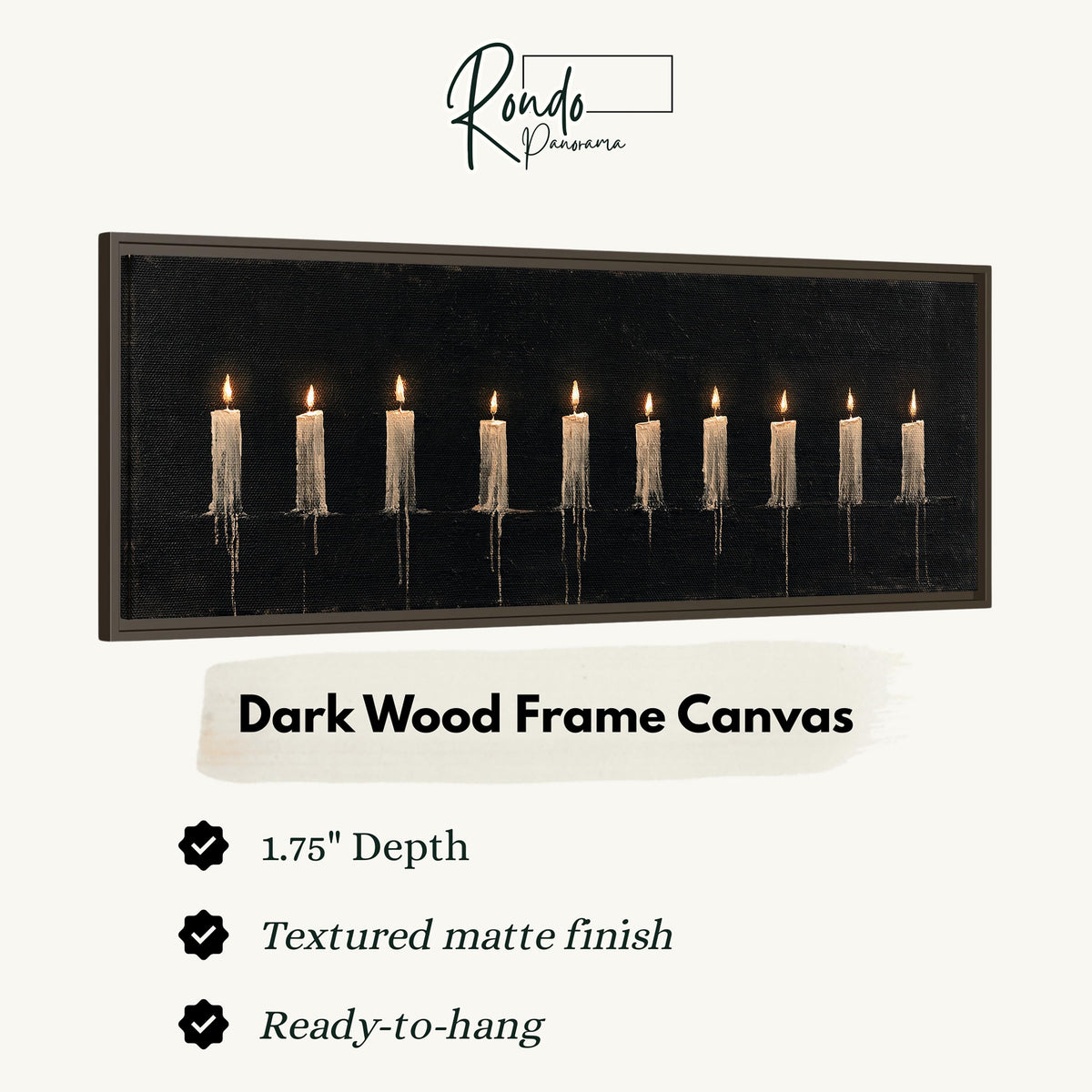 Ten lit candles on black canvas print in a dark wood floating frame