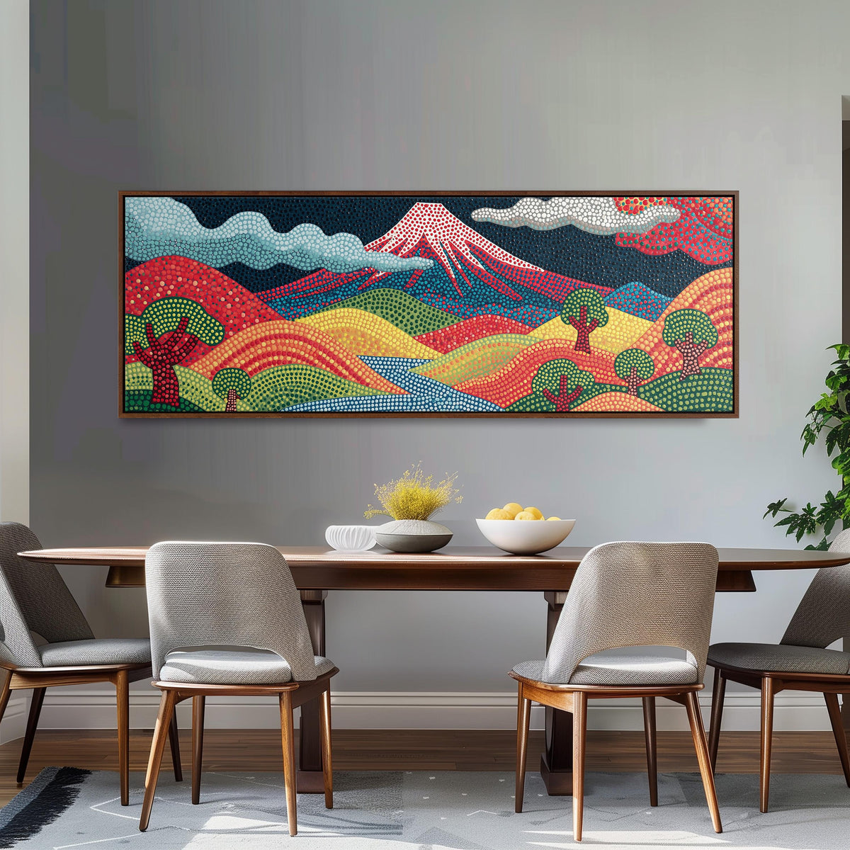 Mount Fuji above rainbow dotted hills long horizontal canvas print above a dining table