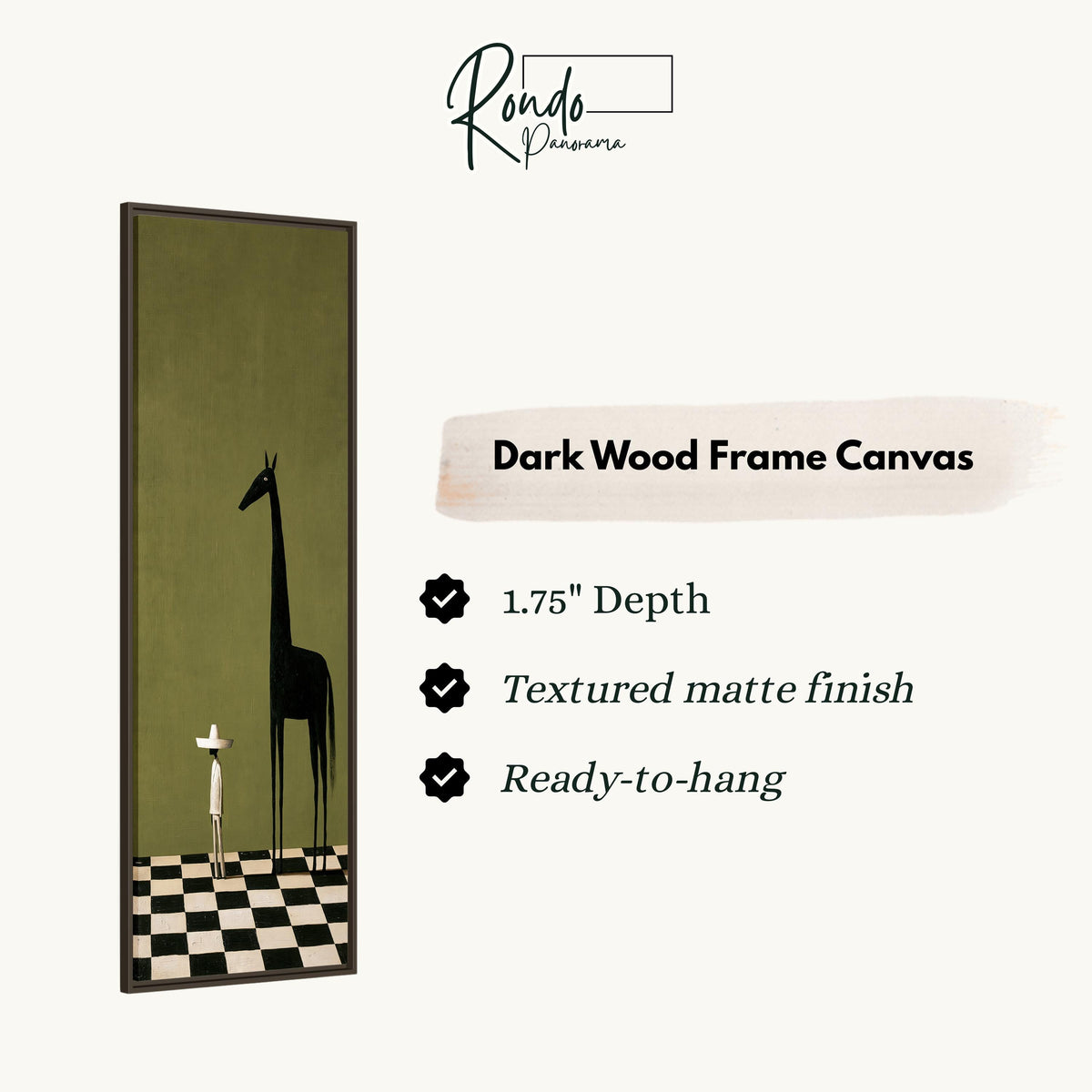 Towering black horse beside a tiny figure canvas print in a dark wood floating frame