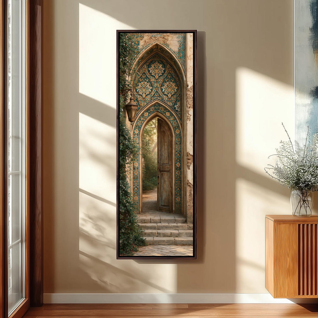 Ornate tiled arch doorway long vertical canvas print in a sunlit living space