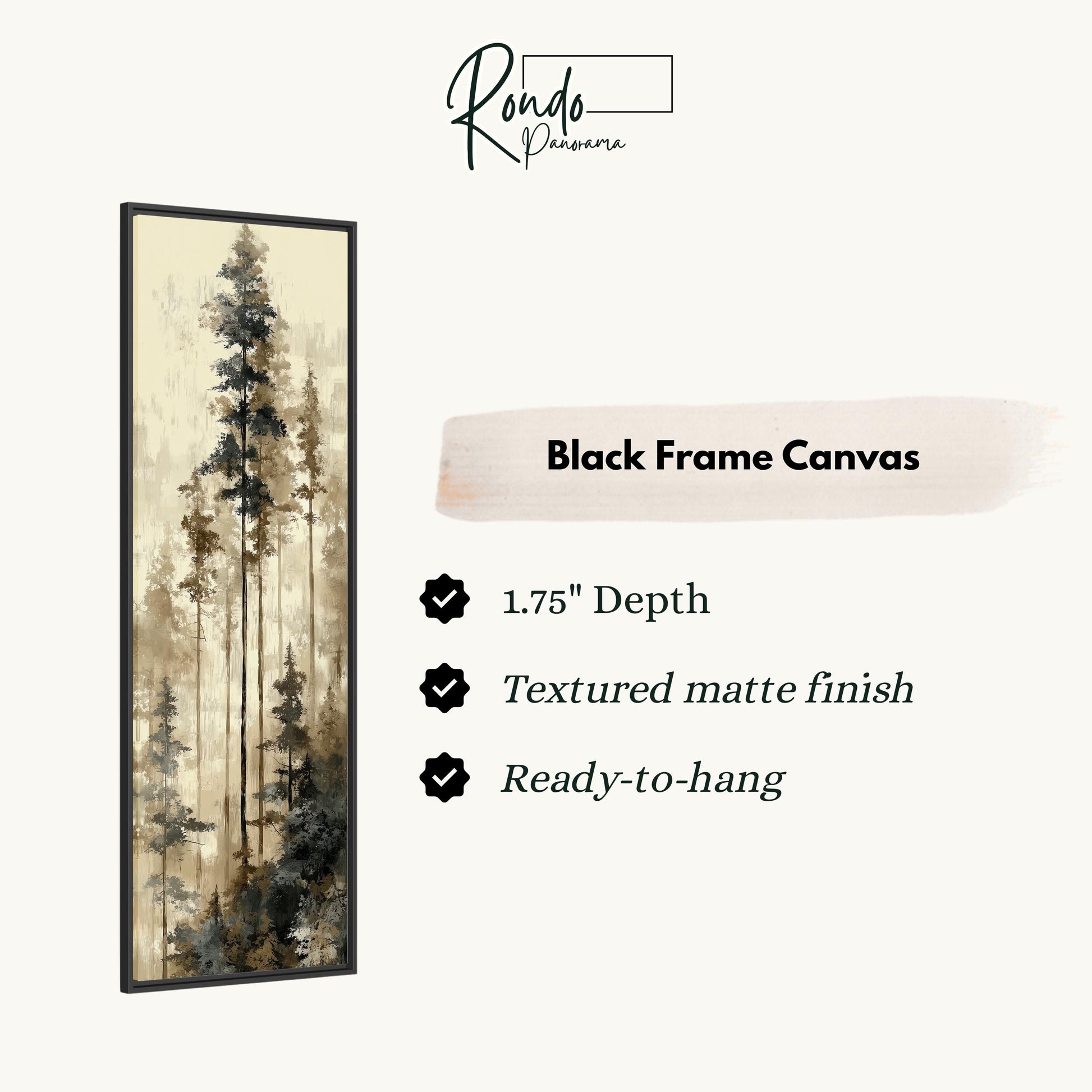 The image is a black frame canvas depicting a forest scene with tall trees.