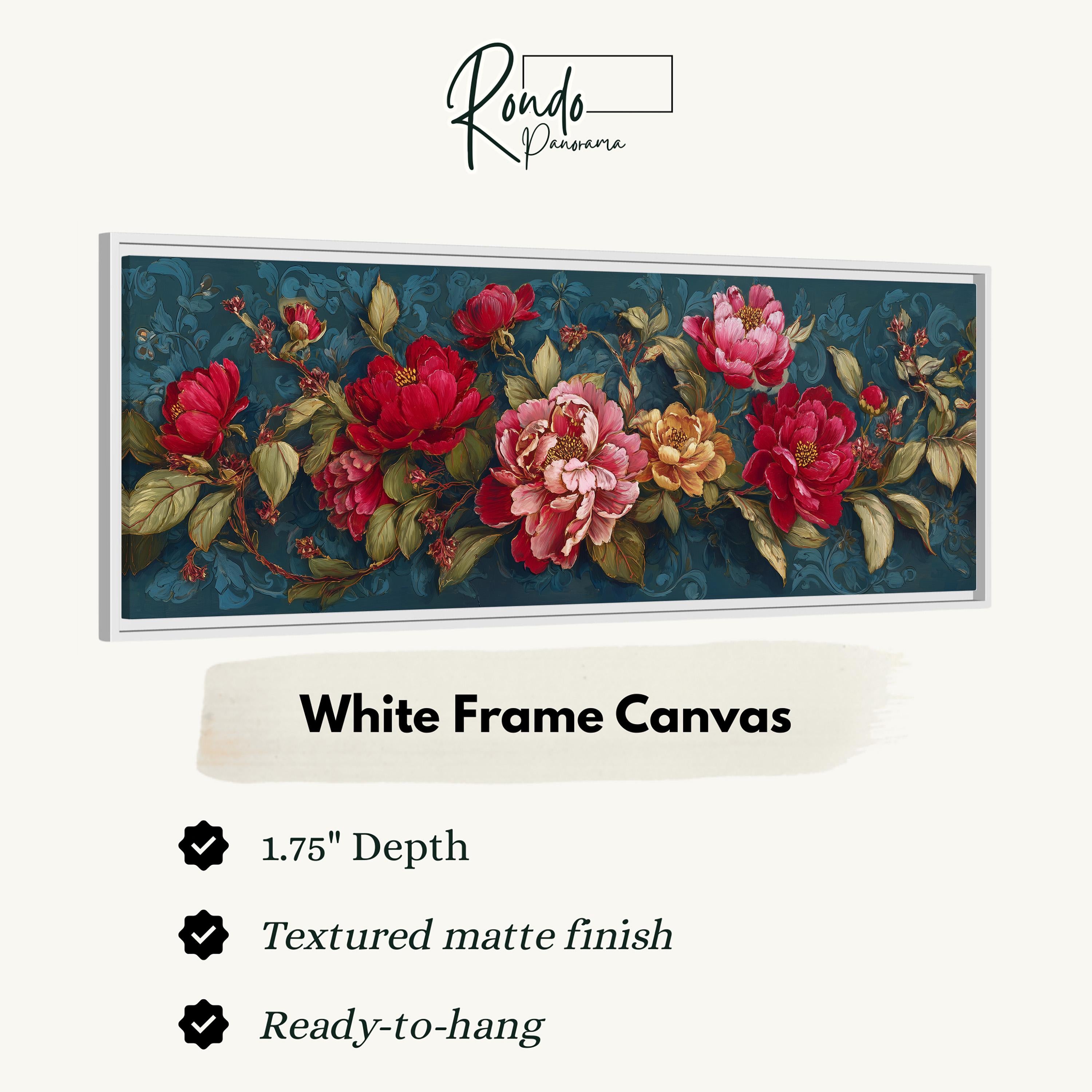 The image is a framed artwork depicting a floral design with red and pink flowers against a dark blue background.