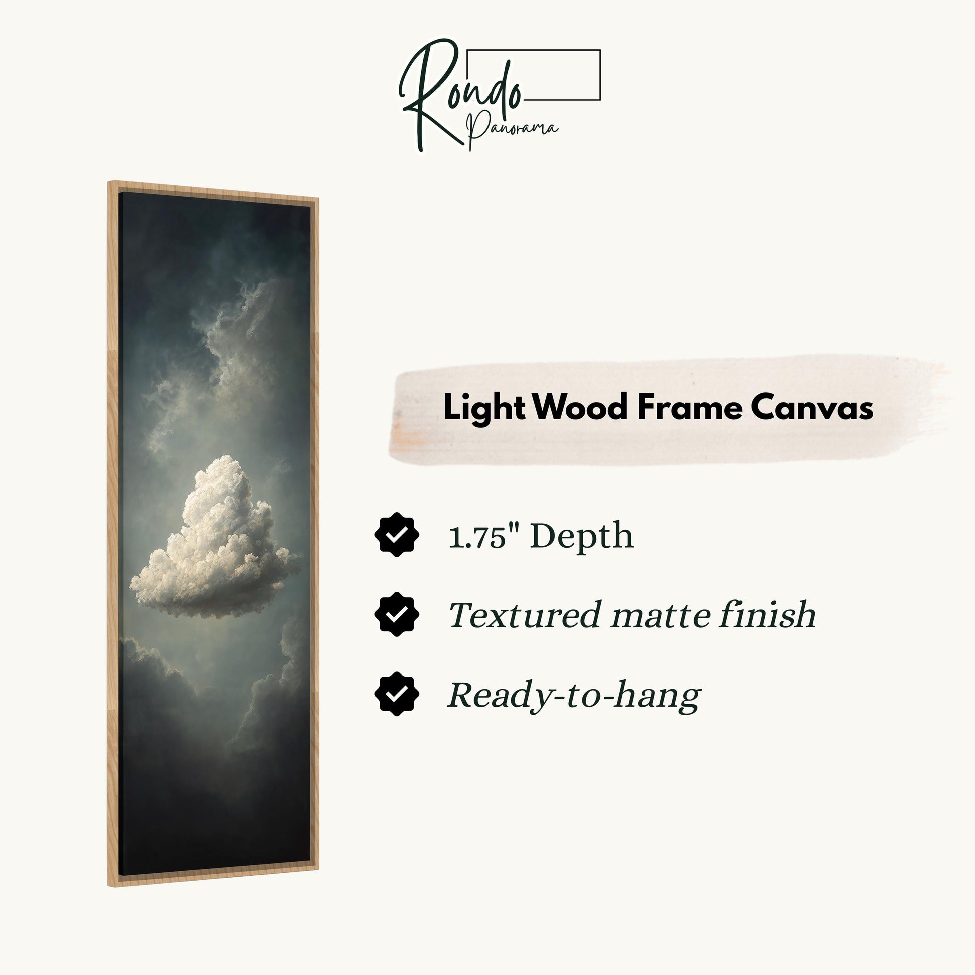The image is a vertical wooden frame canvas depicting a large, fluffy cloud against a dark sky background.