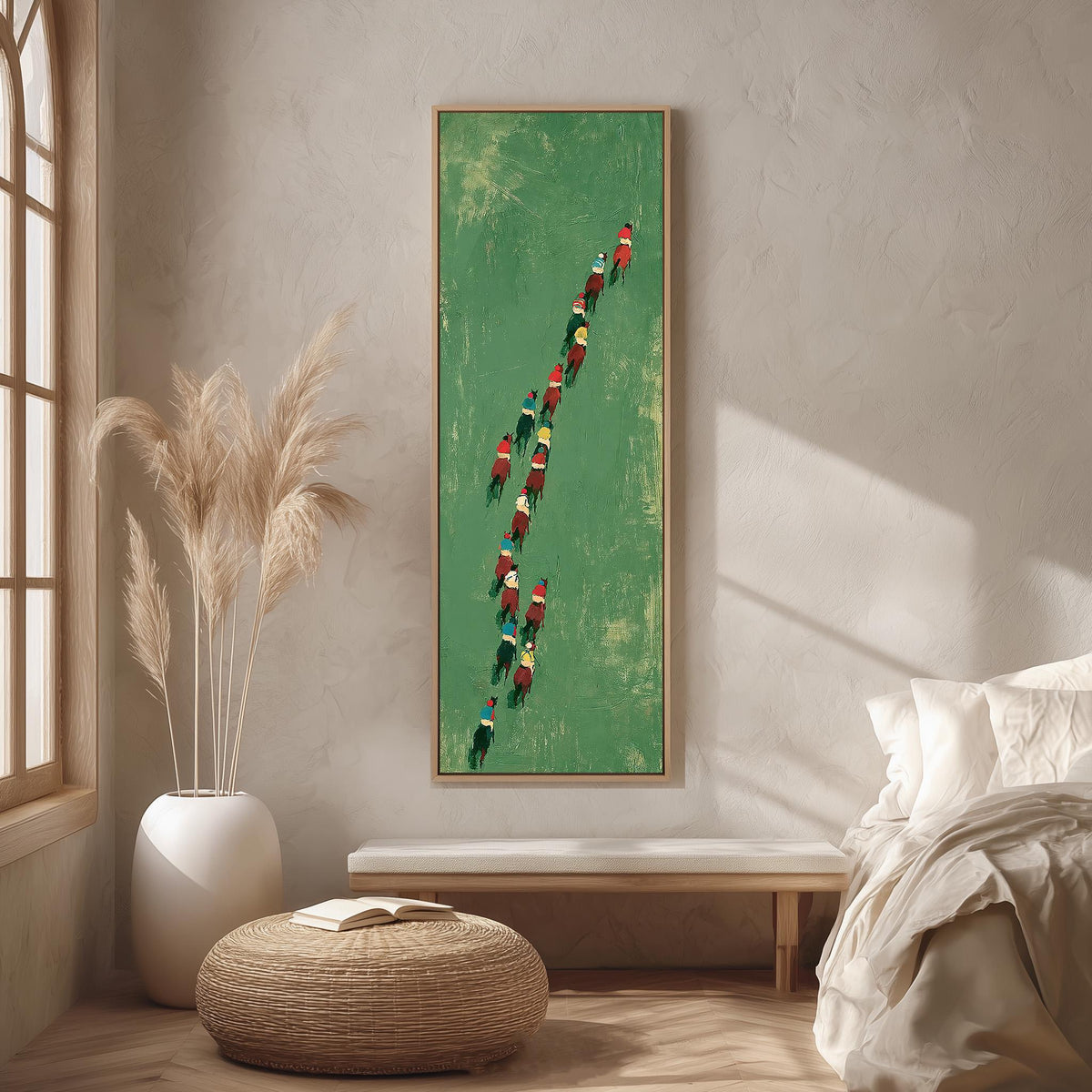 Racehorses and jockeys seen from above long vertical canvas print in a bright reading corner
