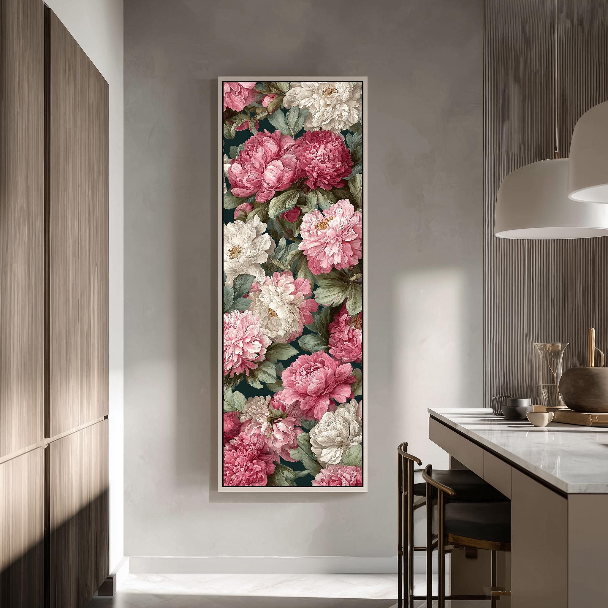 a large floral painting hanging on a wall in a modern kitchen.