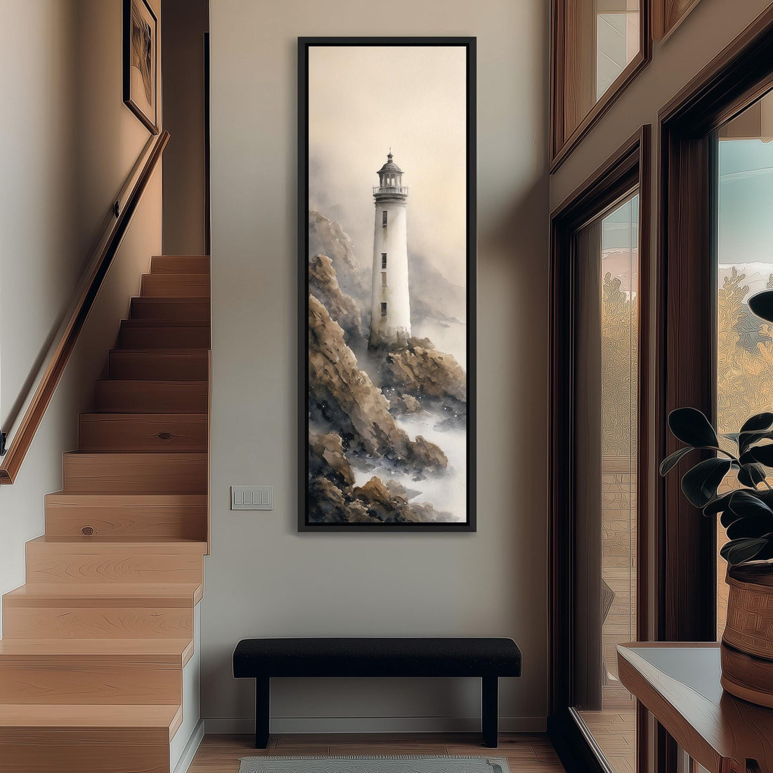 a large framed painting of a lighthouse on a wall, with a serene and atmospheric background.