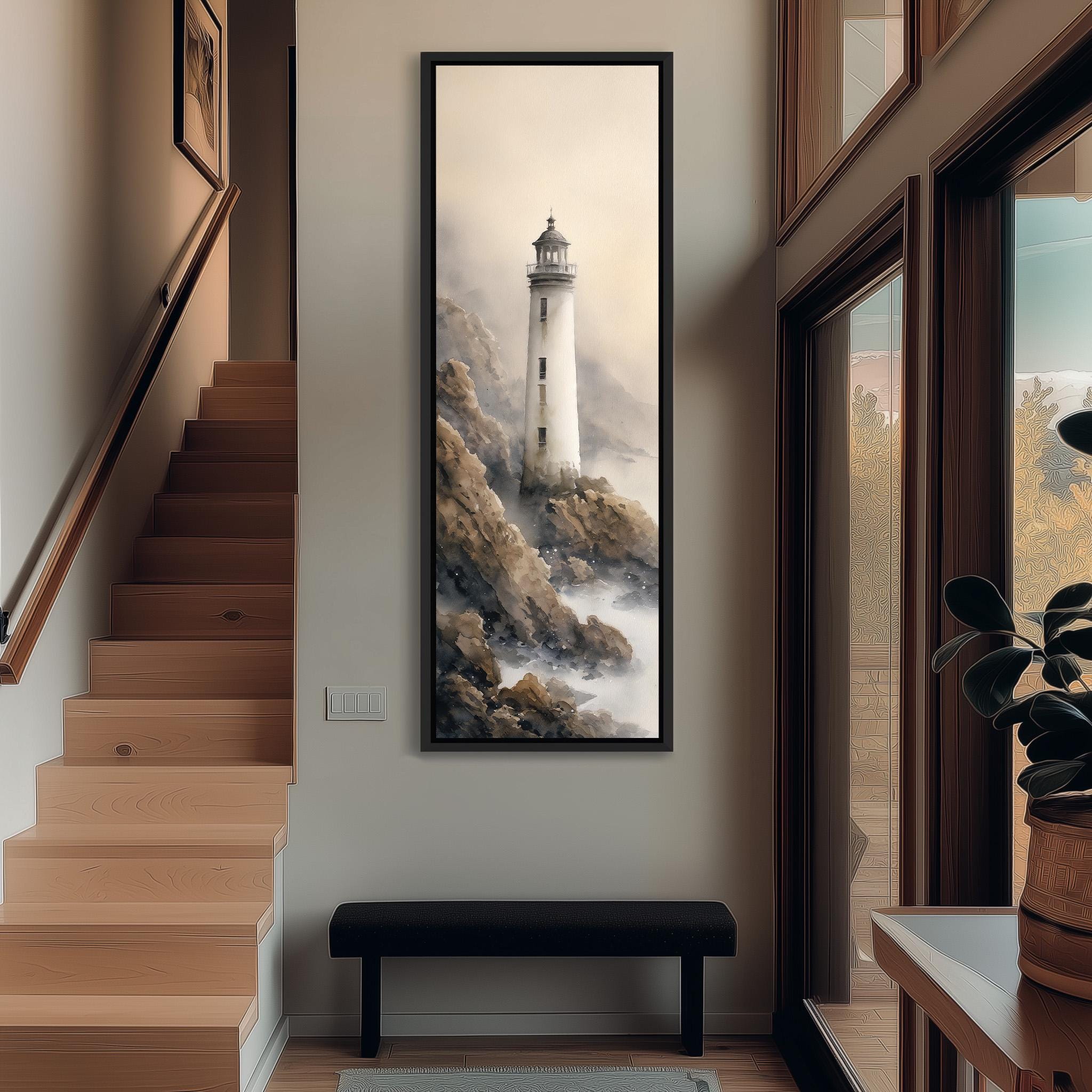 a large painting of a lighthouse on the wall of a room with wooden stairs and a bench.