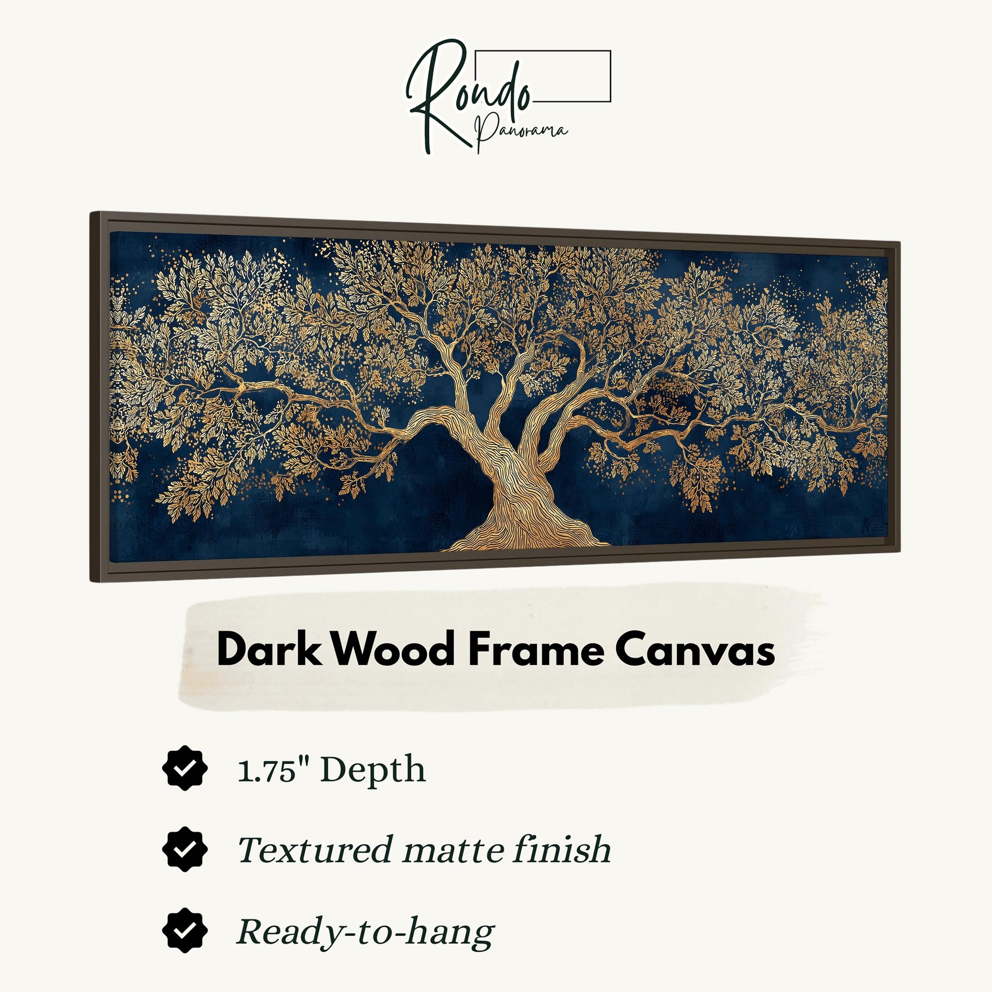 a dark wood frame canvas with a gold tree design.