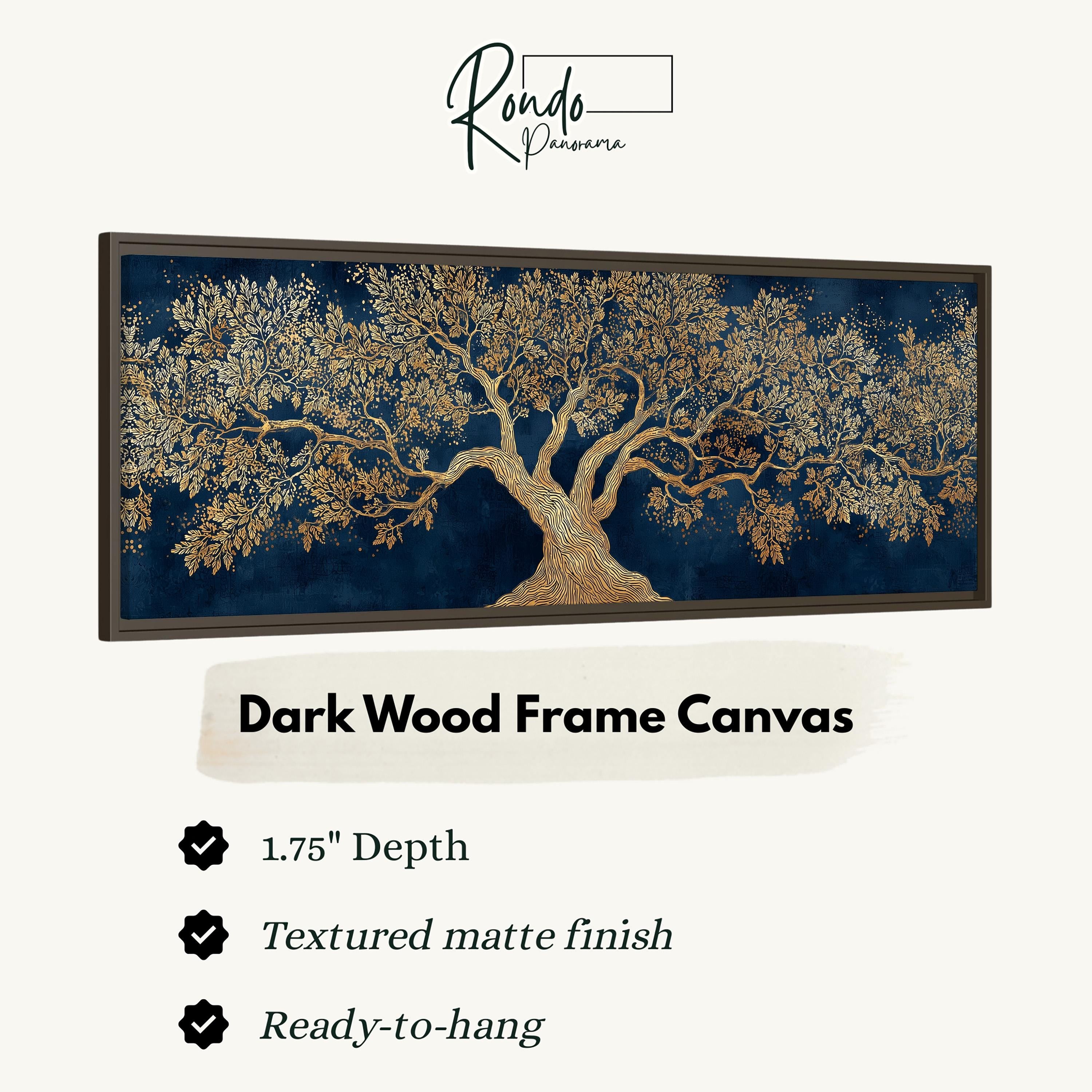 a dark wood frame canvas with a gold tree design.