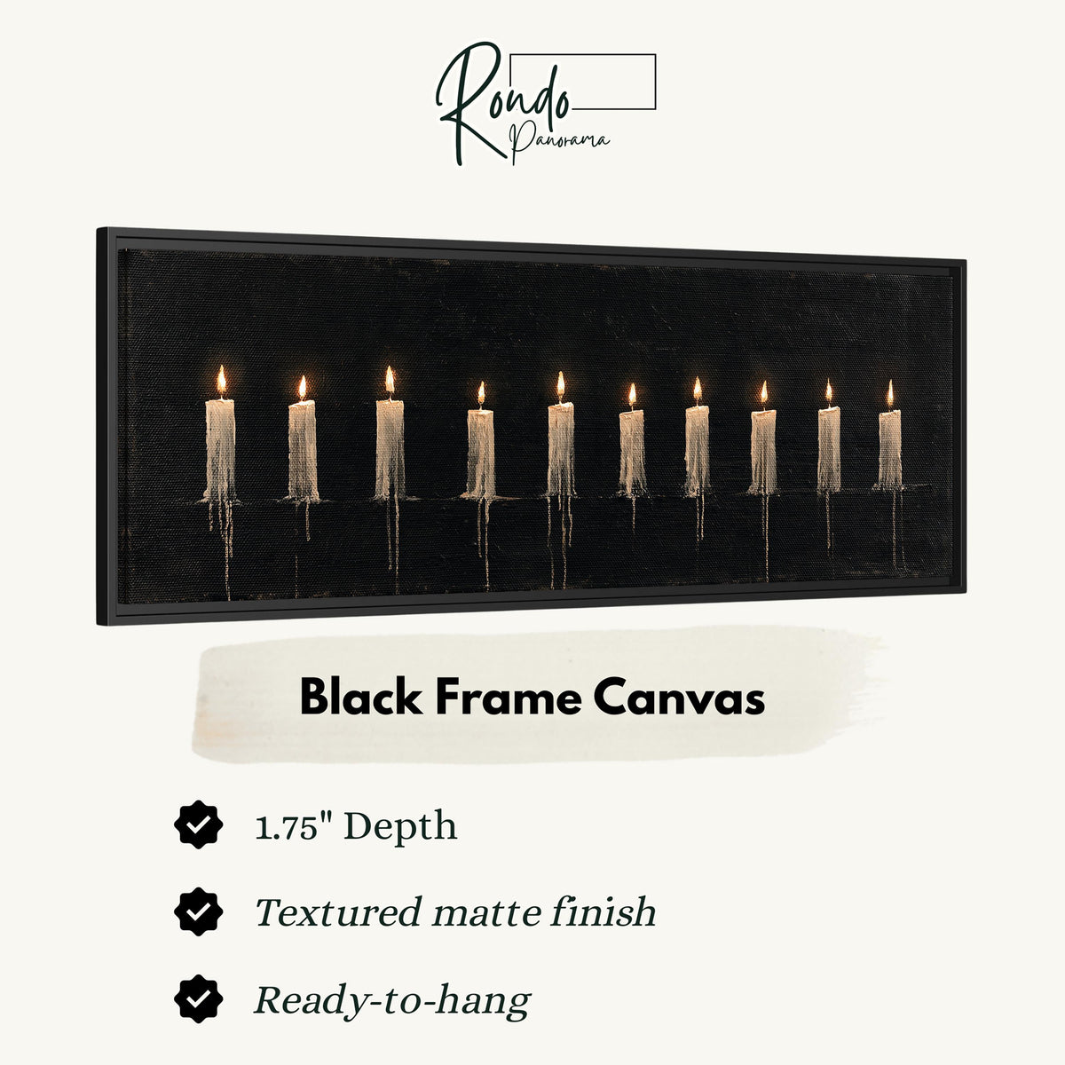 Ten lit candles on black canvas print in a black floating frame