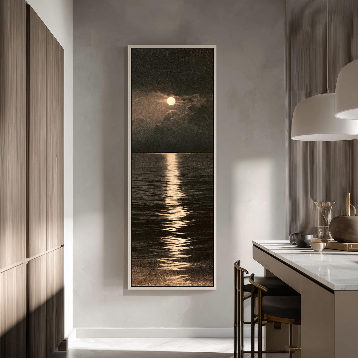 Moonlight reflecting on a dark sepia ocean tall skinny canvas print in a modern kitchen