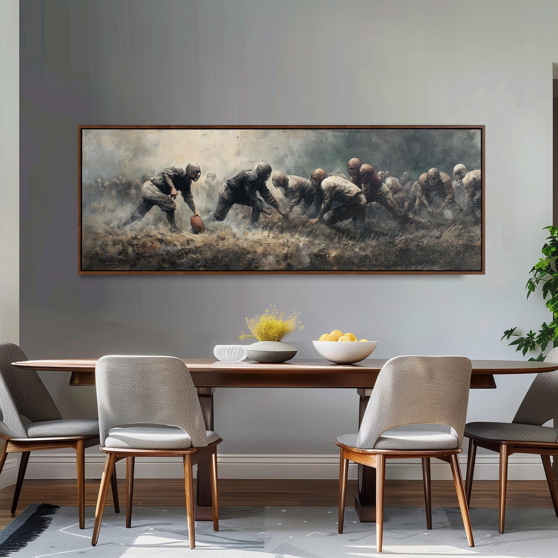 a large painting of football players on a field, hanging on a wall above a black and white checkered sofa.