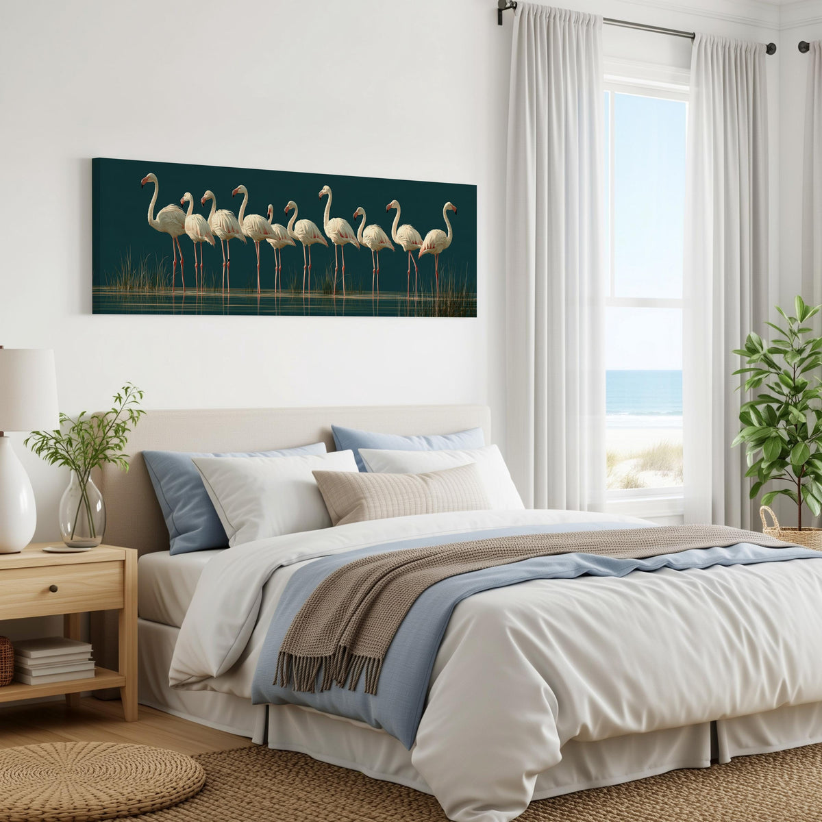 Pale flamingos wading on teal panoramic canvas print above a bed in a coastal bedroom