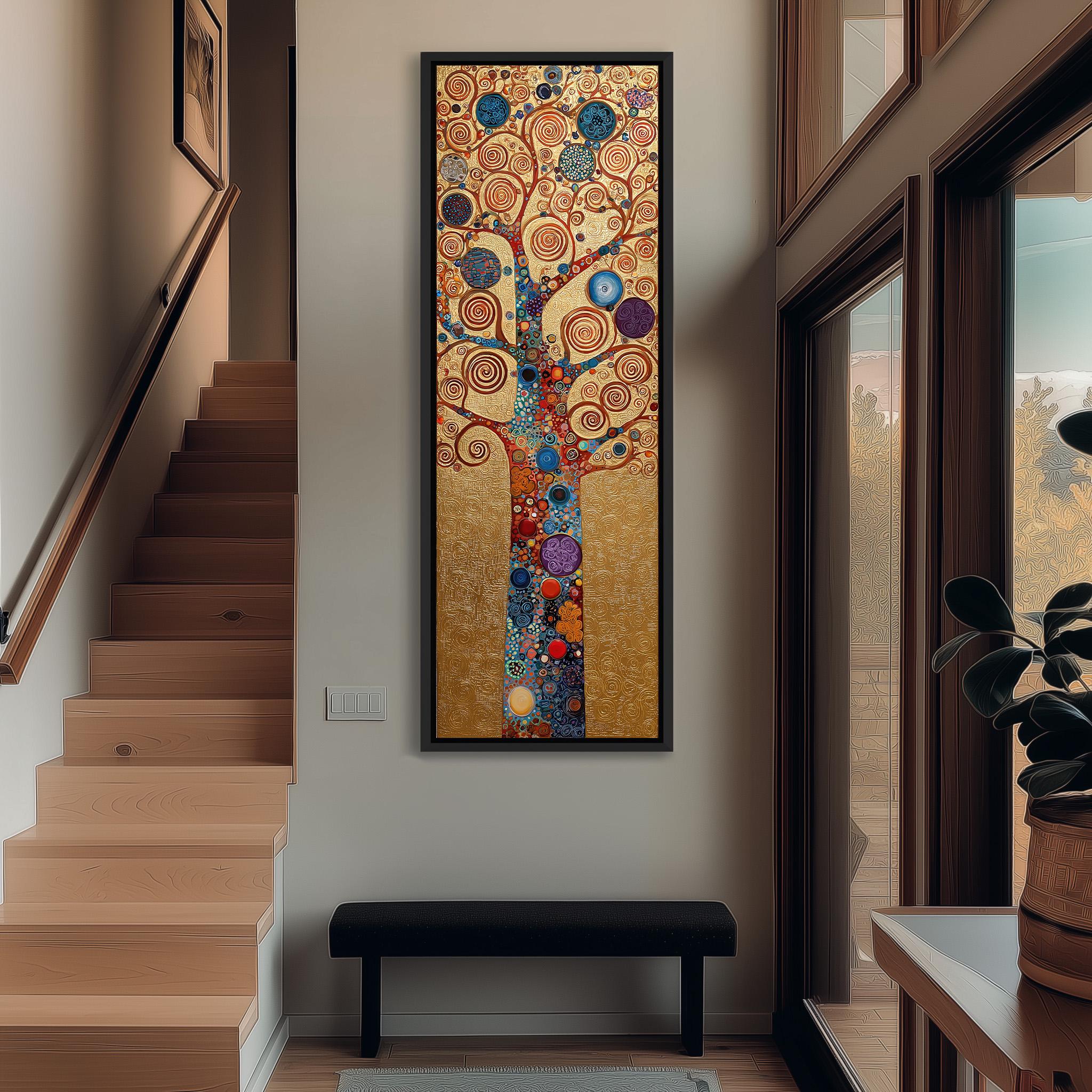 a large, colorful abstract painting of a tree hanging on the wall of a hallway. The painting is framed and appears to be the focal point of the space.