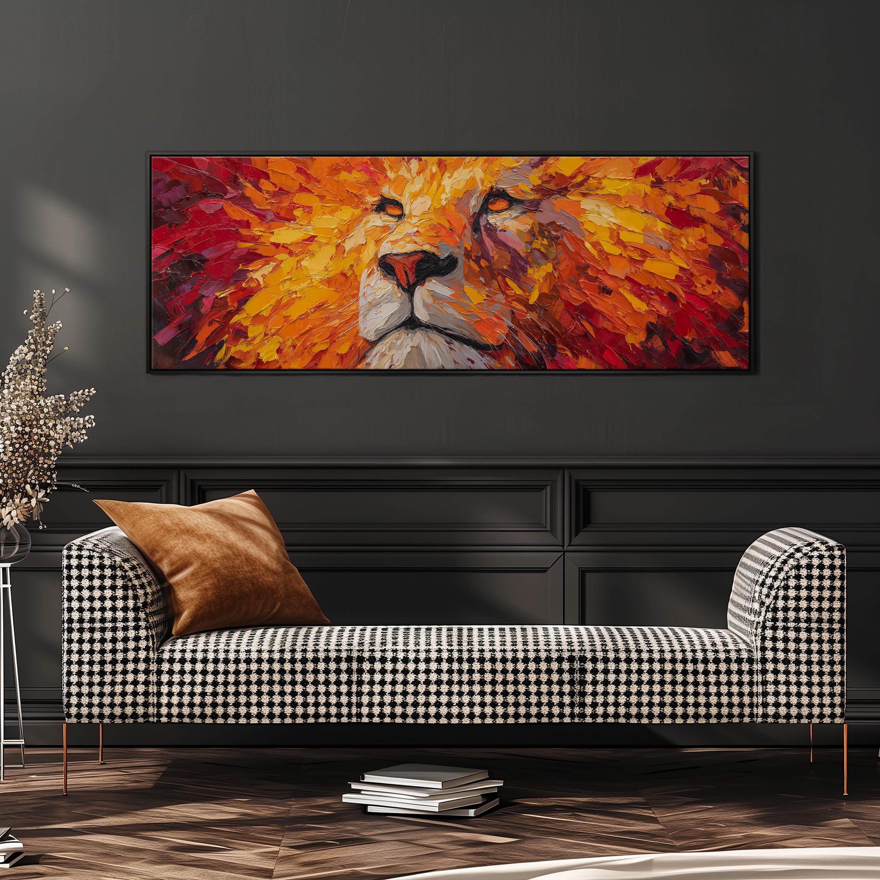 a large, vibrant painting of a lion's face hanging on a wall above a black and white checkered sofa.