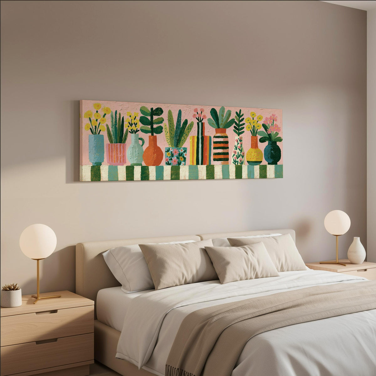 Row of boho potted plants wide panoramic canvas print above a bed in a neutral bedroom