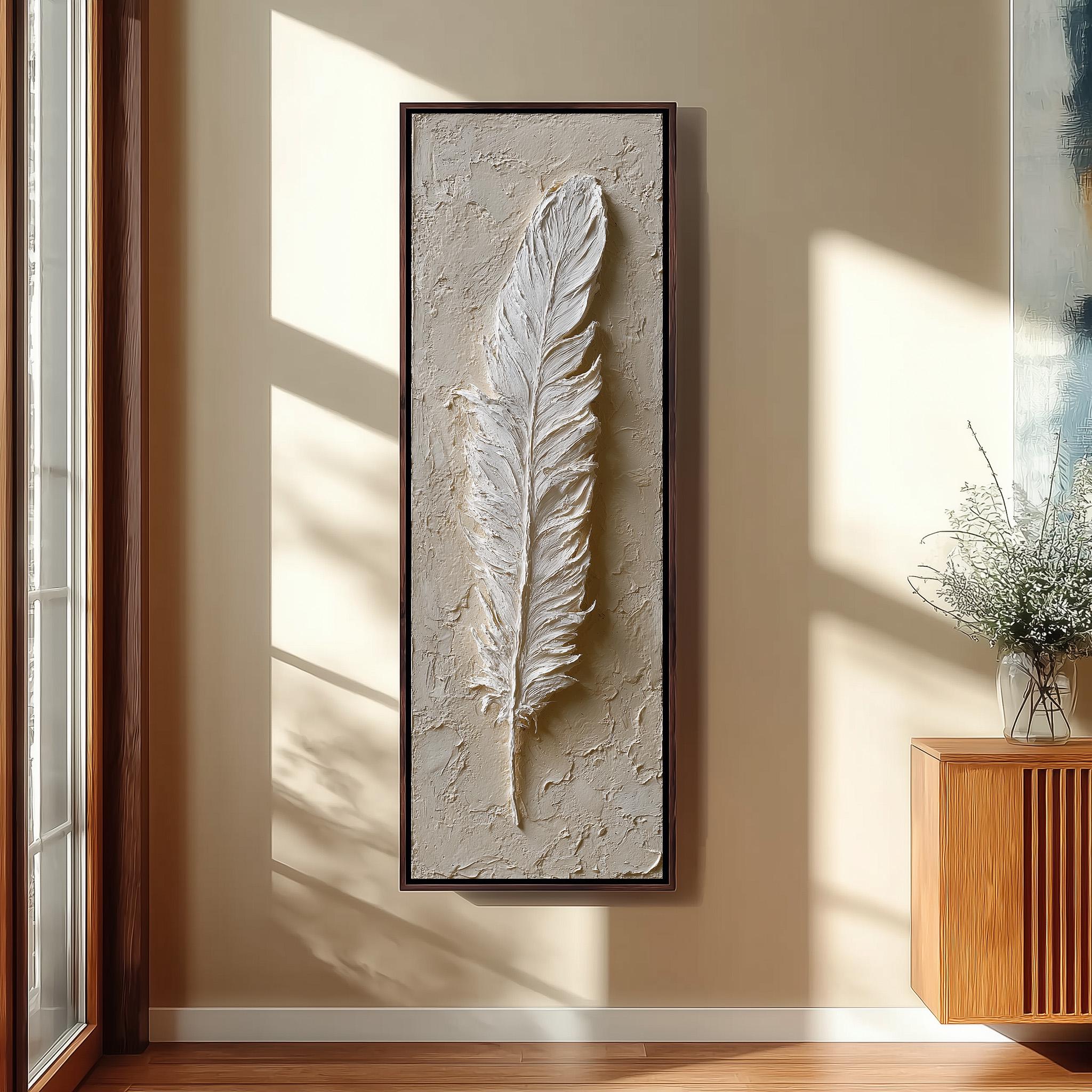 a large, white, feather-like sculpture mounted on a wall in a room with a wooden cabinet and a vase of flowers.