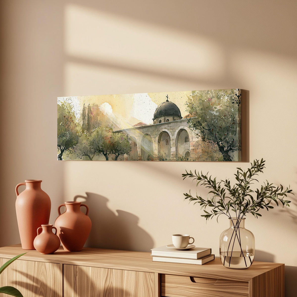 Domed mosque courtyard in watercolor long horizontal canvas print above a wooden sideboard