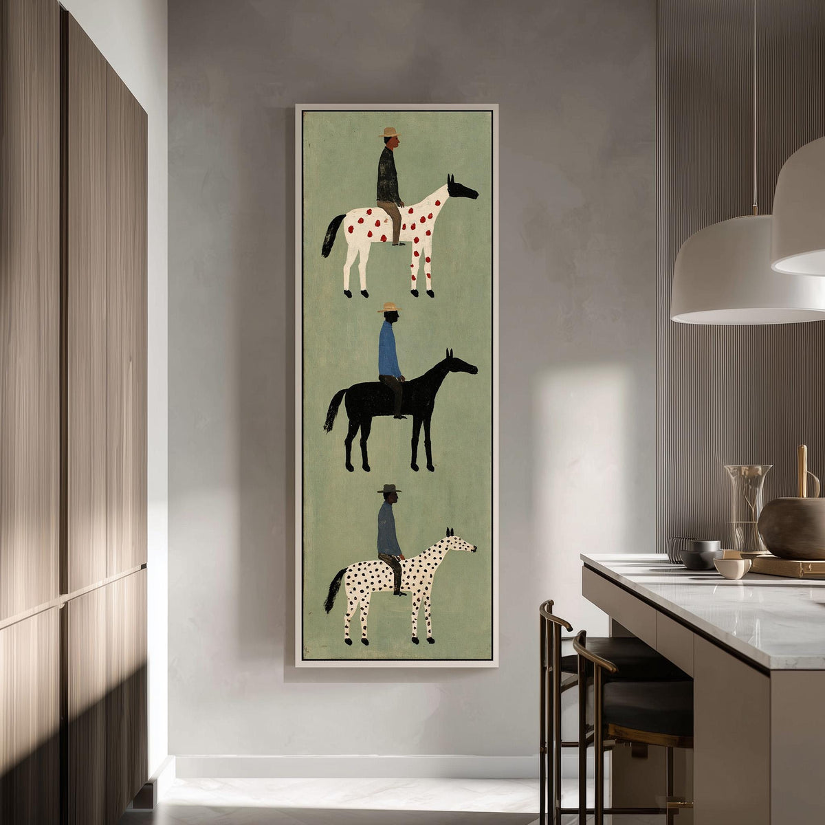 Three folk riders on spotted horses stacked vertically tall skinny canvas print in a modern kitchen