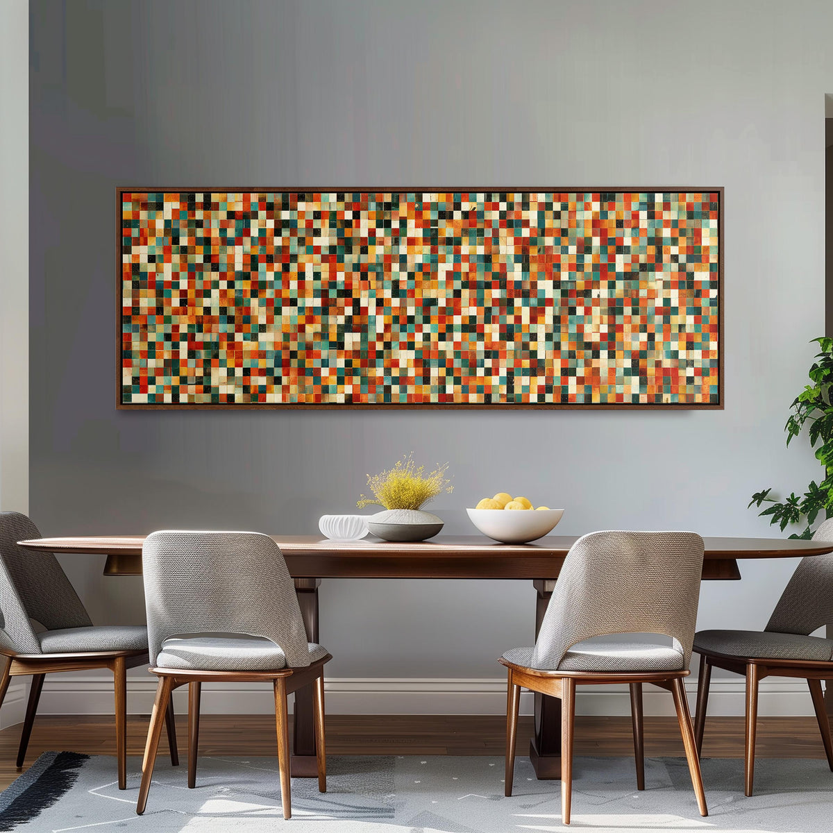 Dense autumn mosaic tiles long horizontal canvas print above a dining table