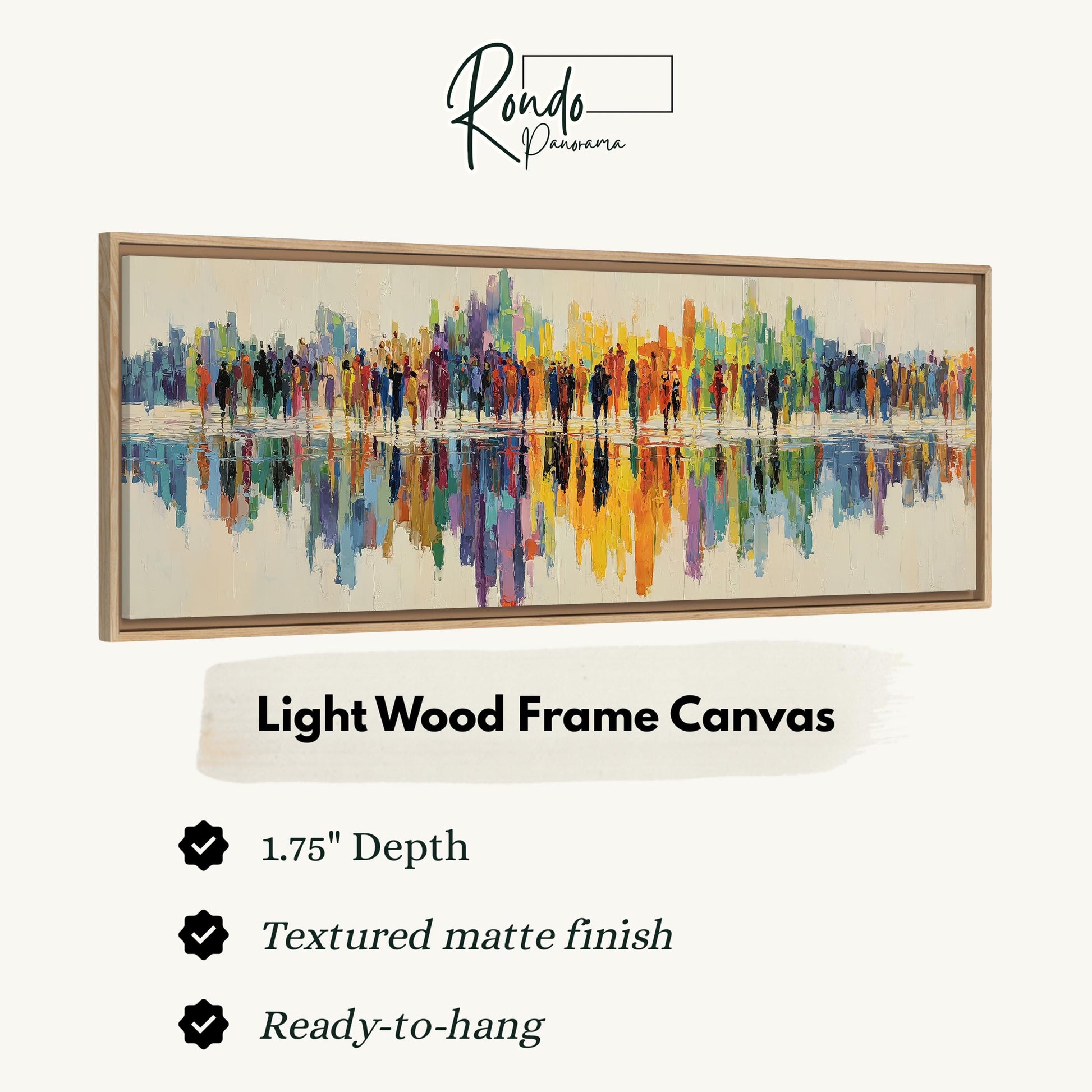 The image is a framed artwork depicting a cityscape with a vibrant, colorful reflection on the water surface.