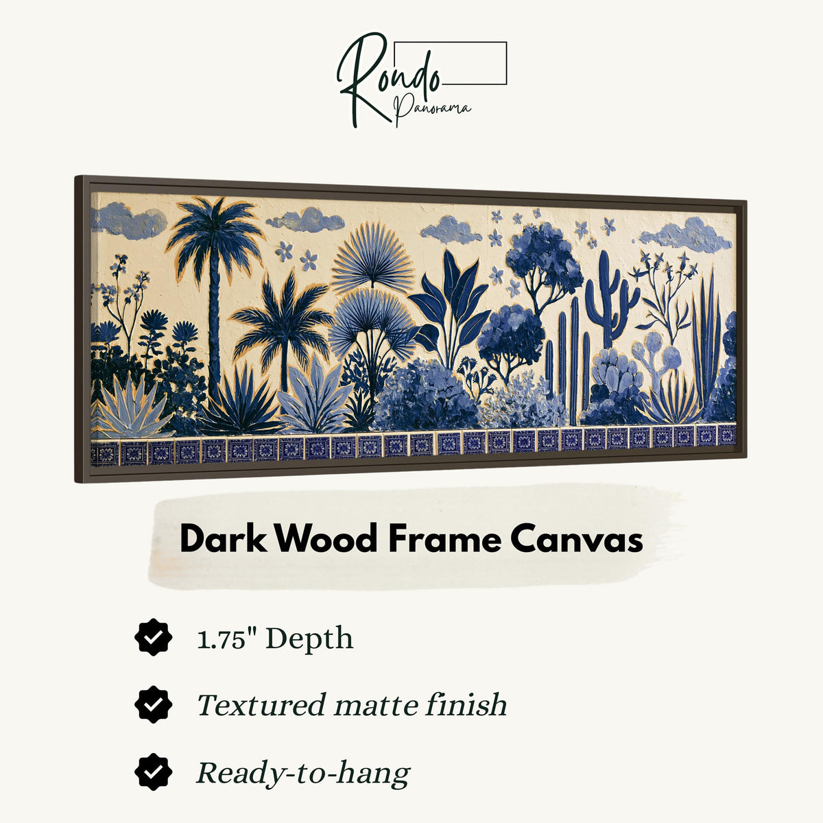 Blue palms, cacti and flowers pattern canvas print in a dark wood floating frame