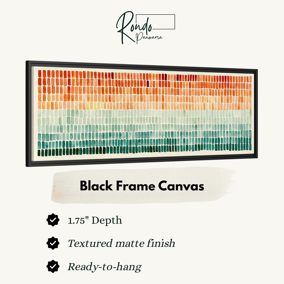 Brushmarks fading from orange to teal canvas print in a black floating frame