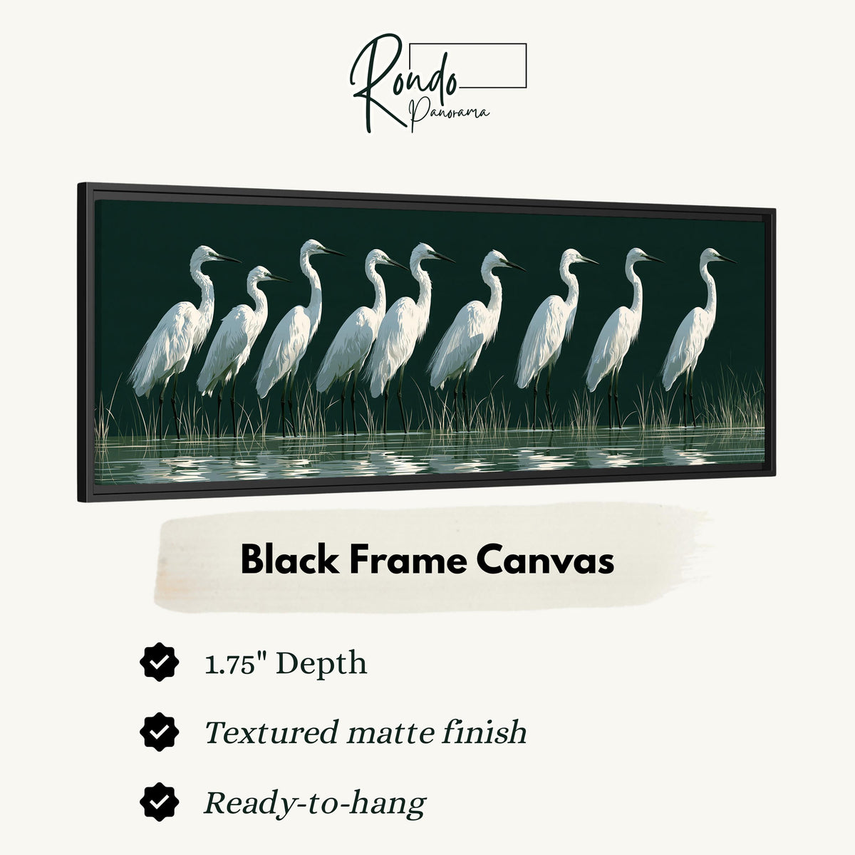 Row of white egrets on deep green canvas print in a black floating frame