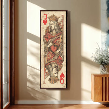 a large framed painting of a queen of spades playing card, with a red heart and a crown on her head.