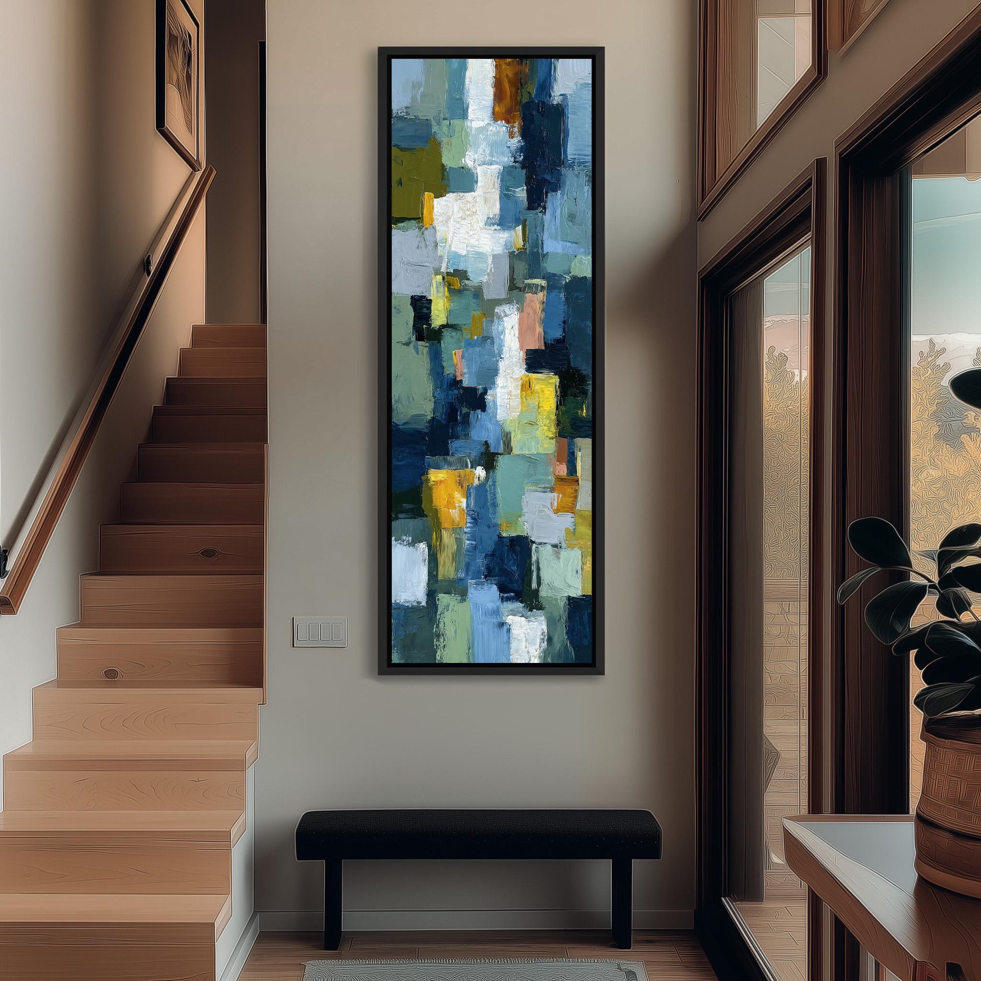 a modern hallway with a large abstract painting hanging on the wall, a wooden staircase, a black bench, and a potted plant.