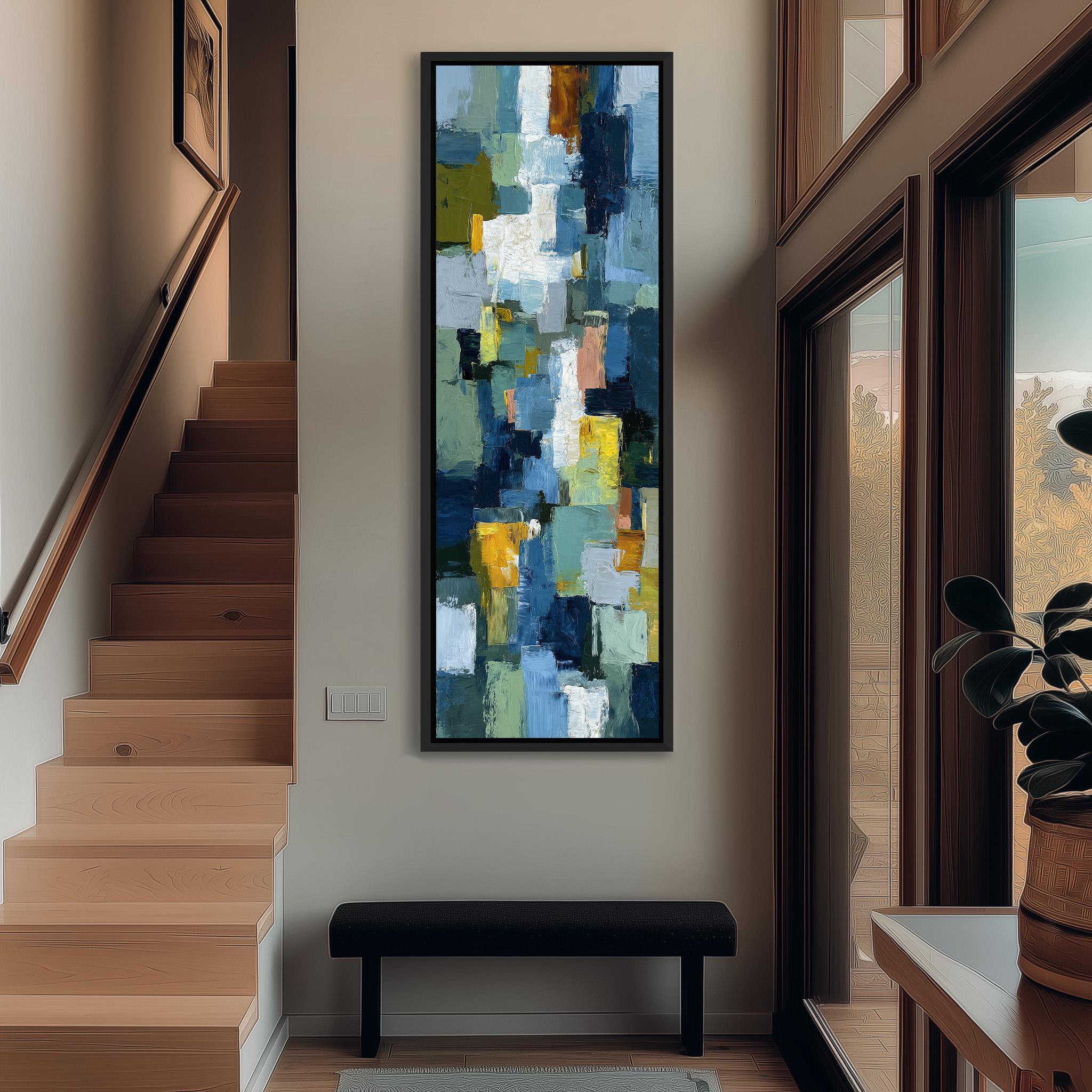 a modern hallway with a large abstract painting hanging on the wall, a wooden staircase, a black bench, and a potted plant.