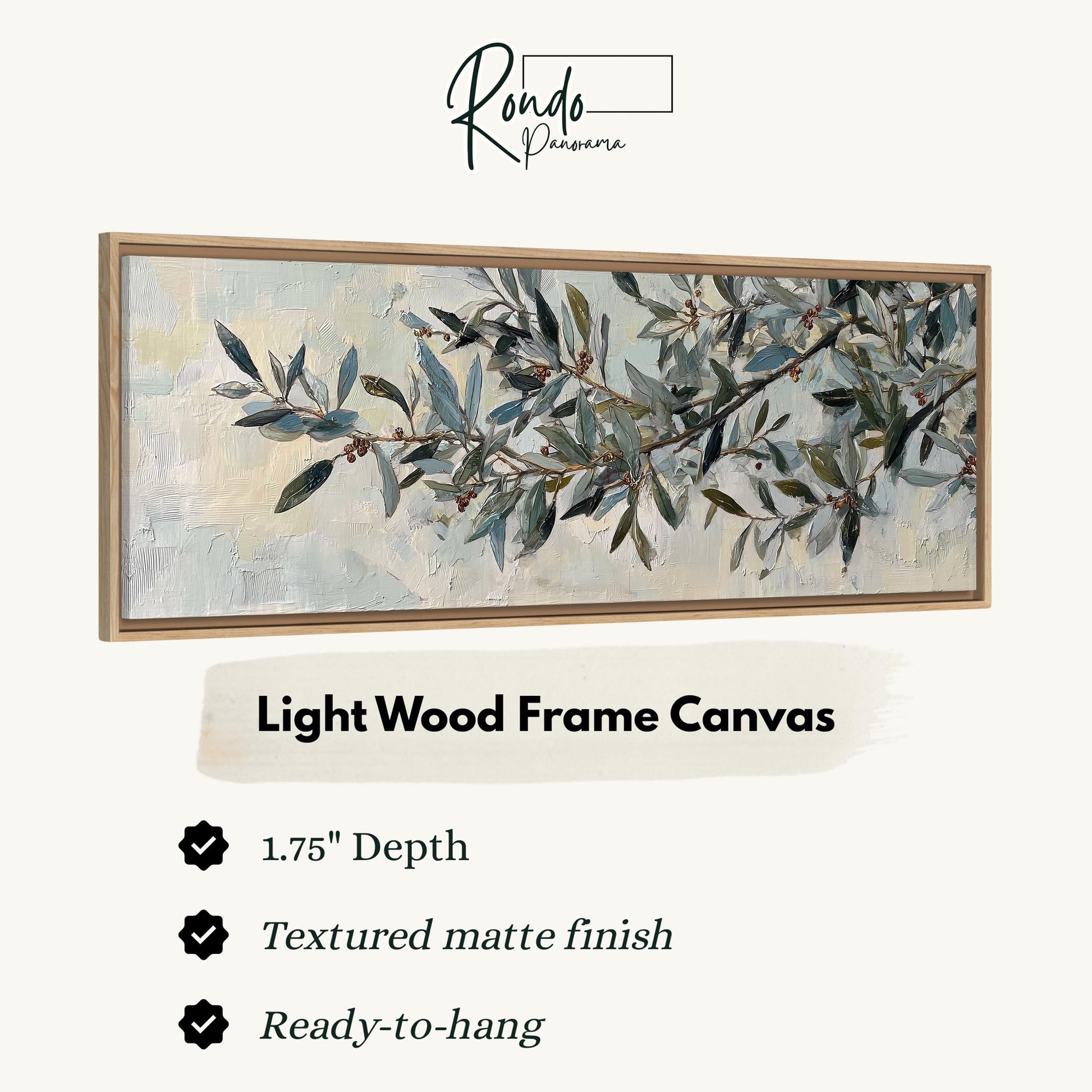 The image is a framed artwork depicting a branch with green leaves and small berries.