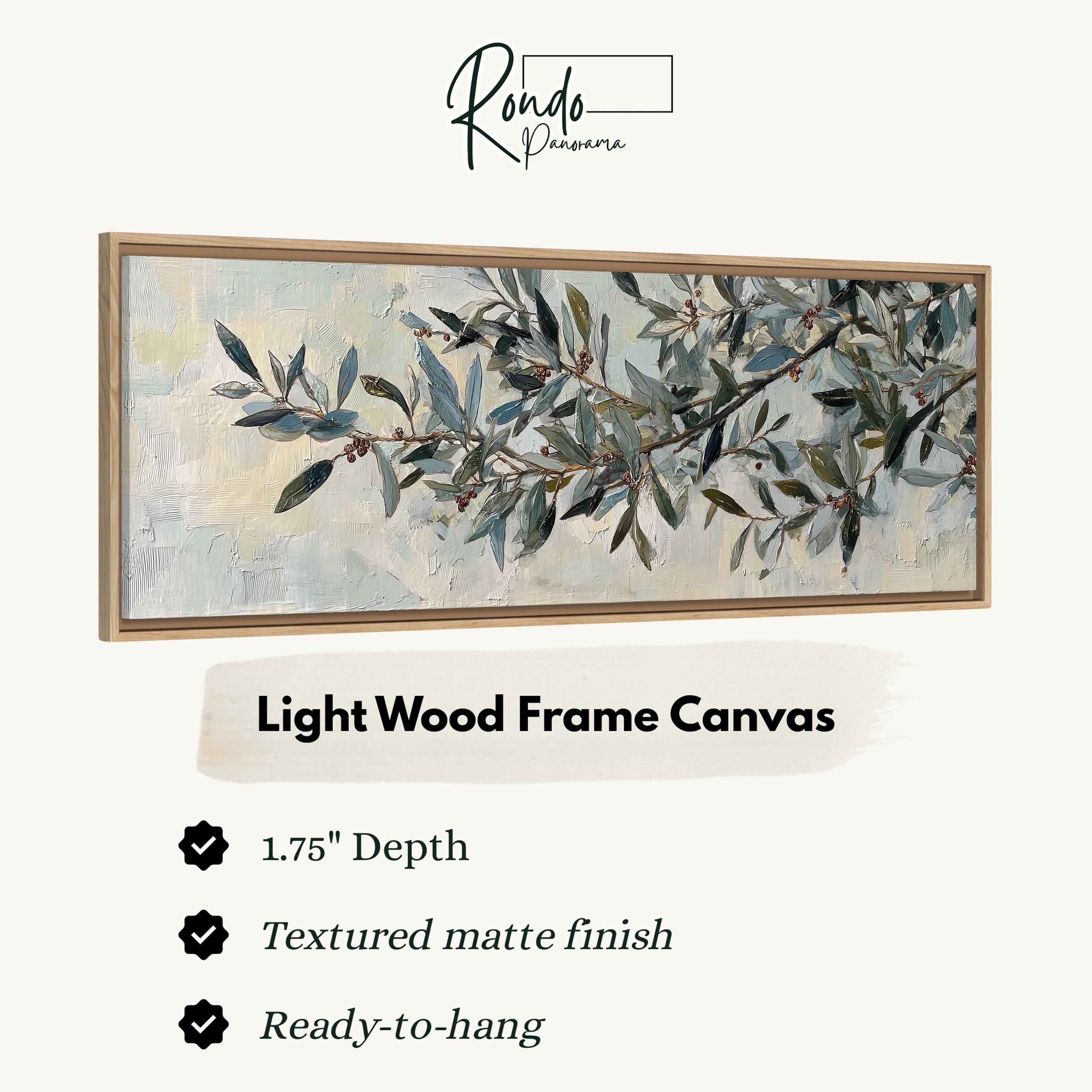 The image is a framed artwork depicting a branch with green leaves and small berries.
