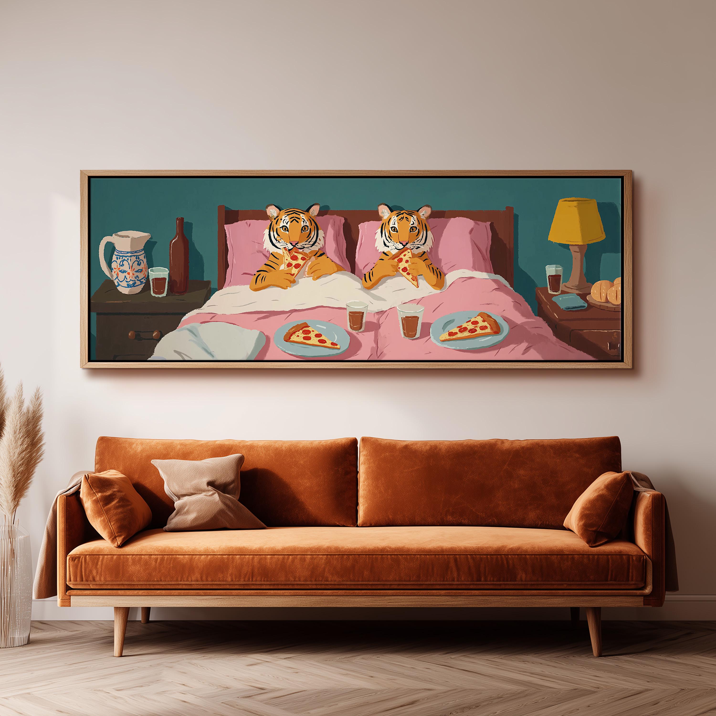 a large painting of two tiger bears sitting on a bed, eating pizza.