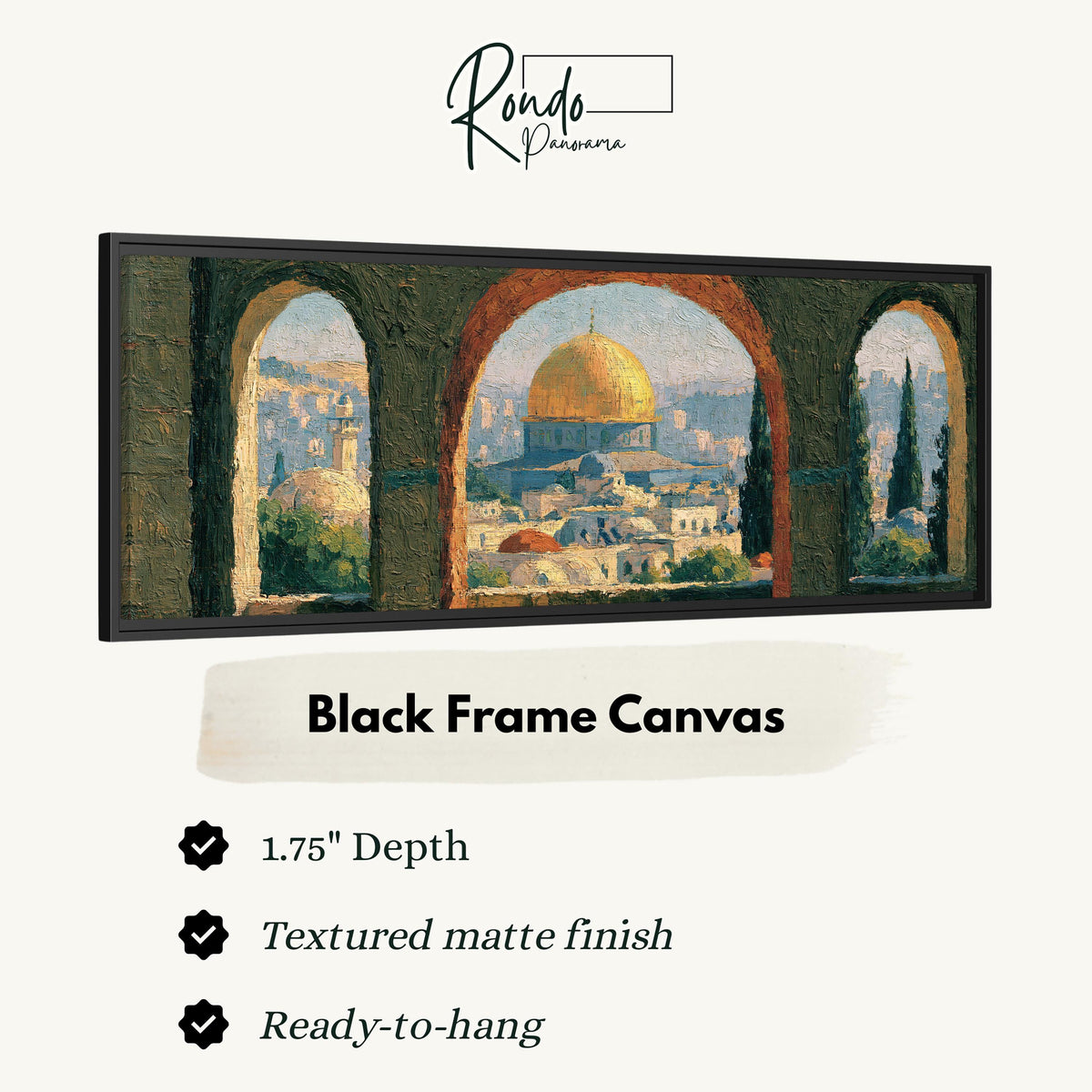 Dome of the Rock seen through stone arches canvas print in a black floating frame