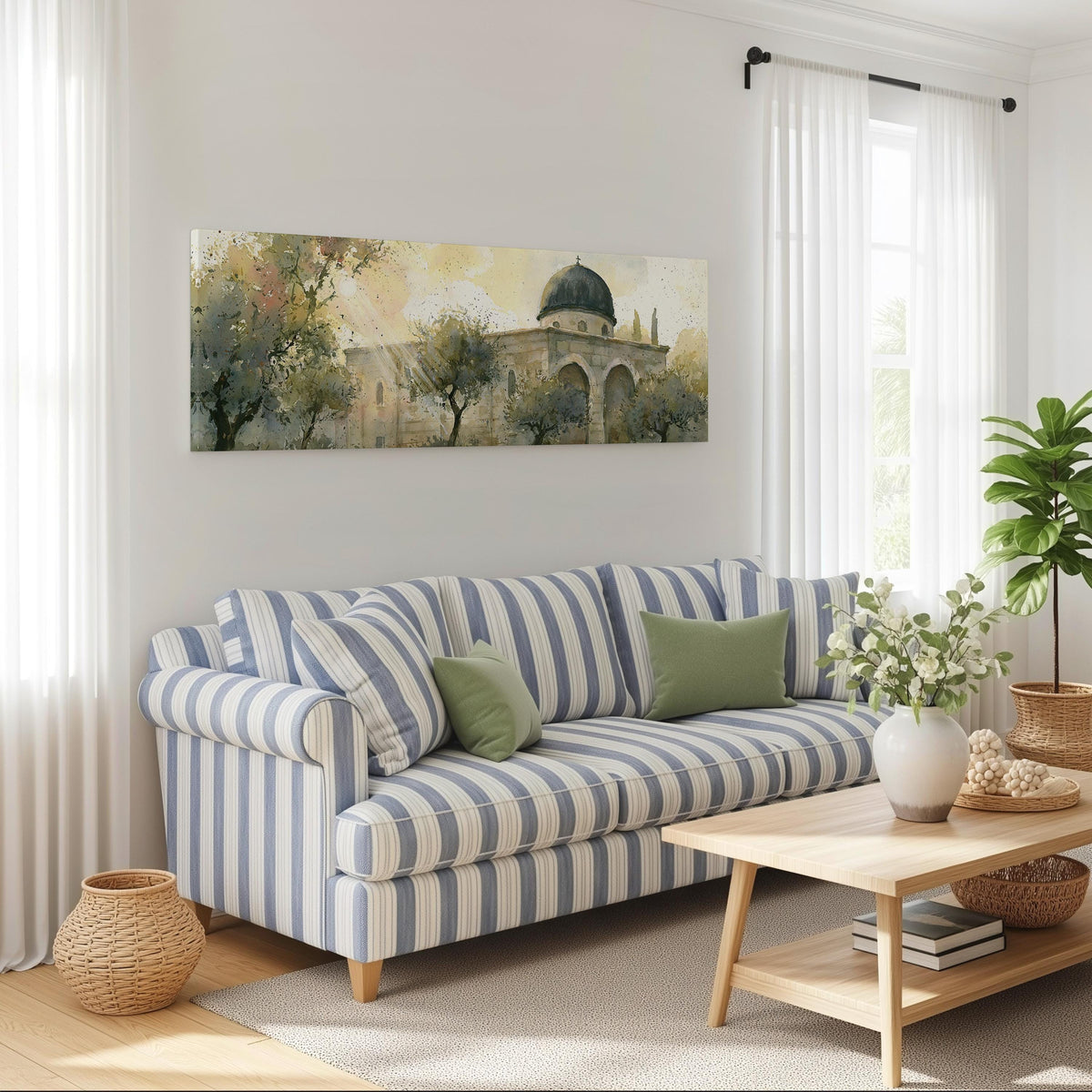 Sunlit dome in an olive grove long horizontal canvas print above a striped sofa in a coastal living room