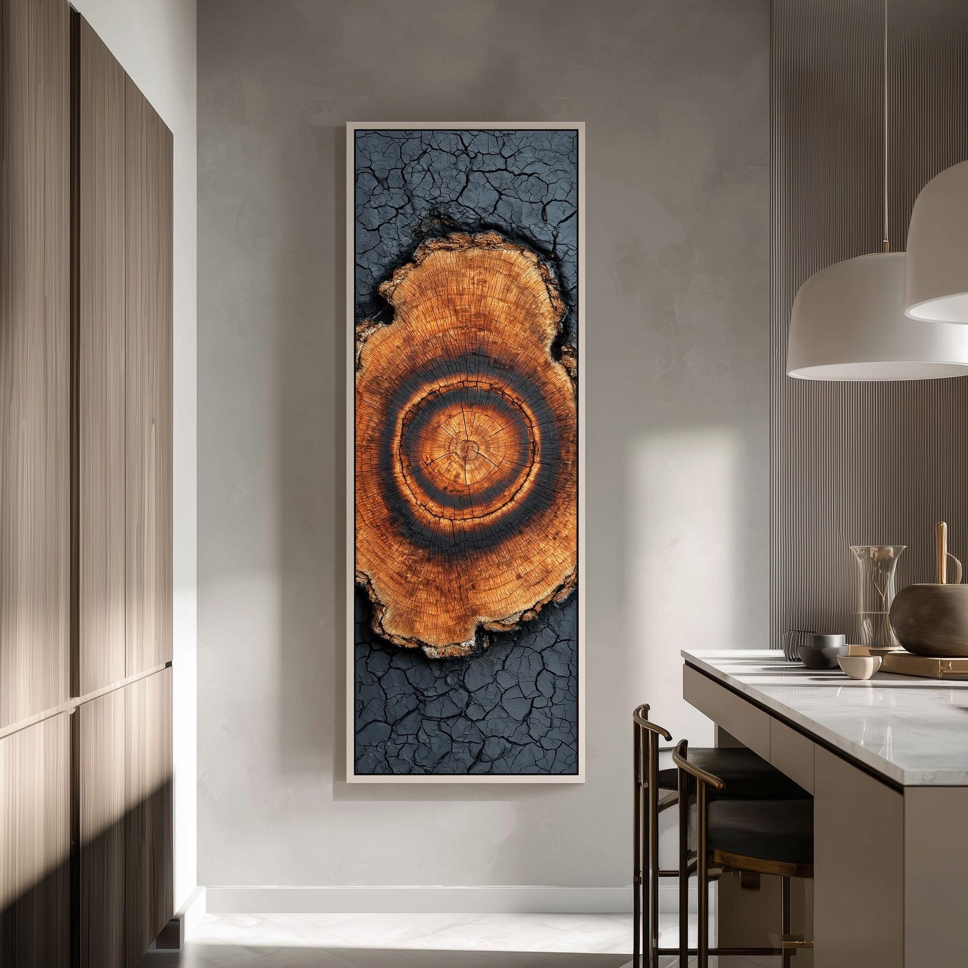 a large, framed artwork hanging on a wall in a modern kitchen.