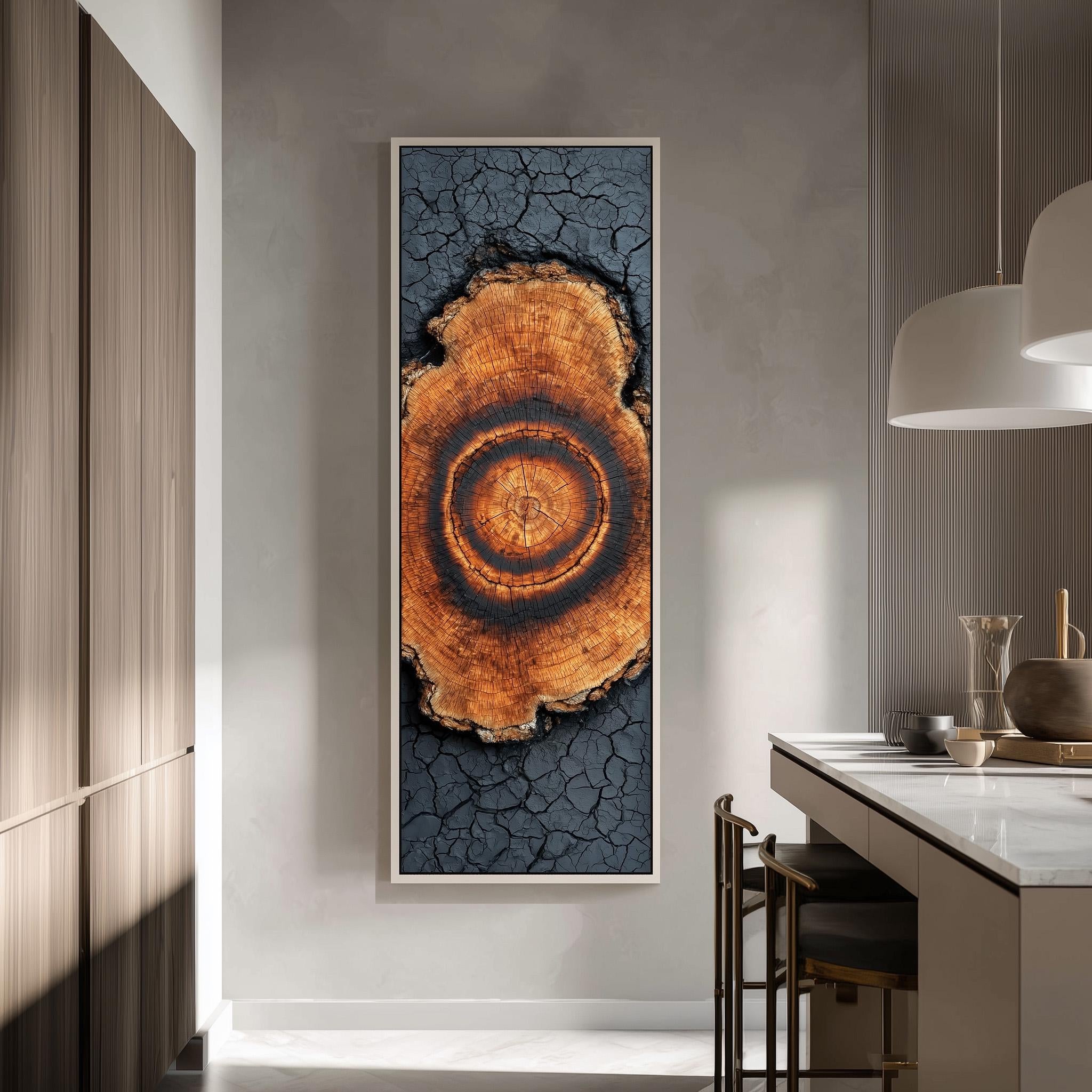 a large, framed artwork hanging on a wall in a modern kitchen.